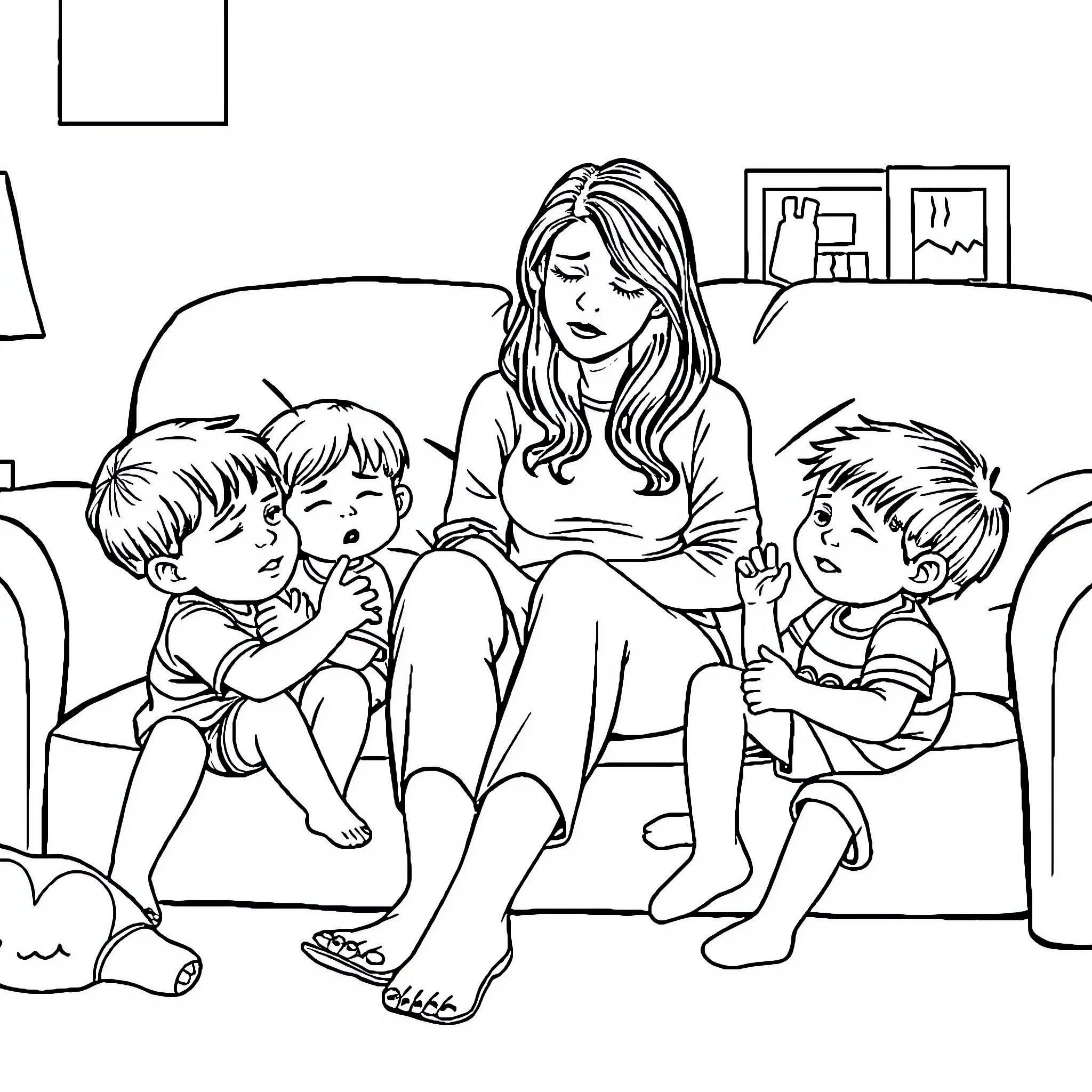 Mom sharing a cozy moment with her children Coloring Page (free black-and-white line drawing printable PDF for all, from beginners to advanced learners, including children, teens, adults, and seniors)