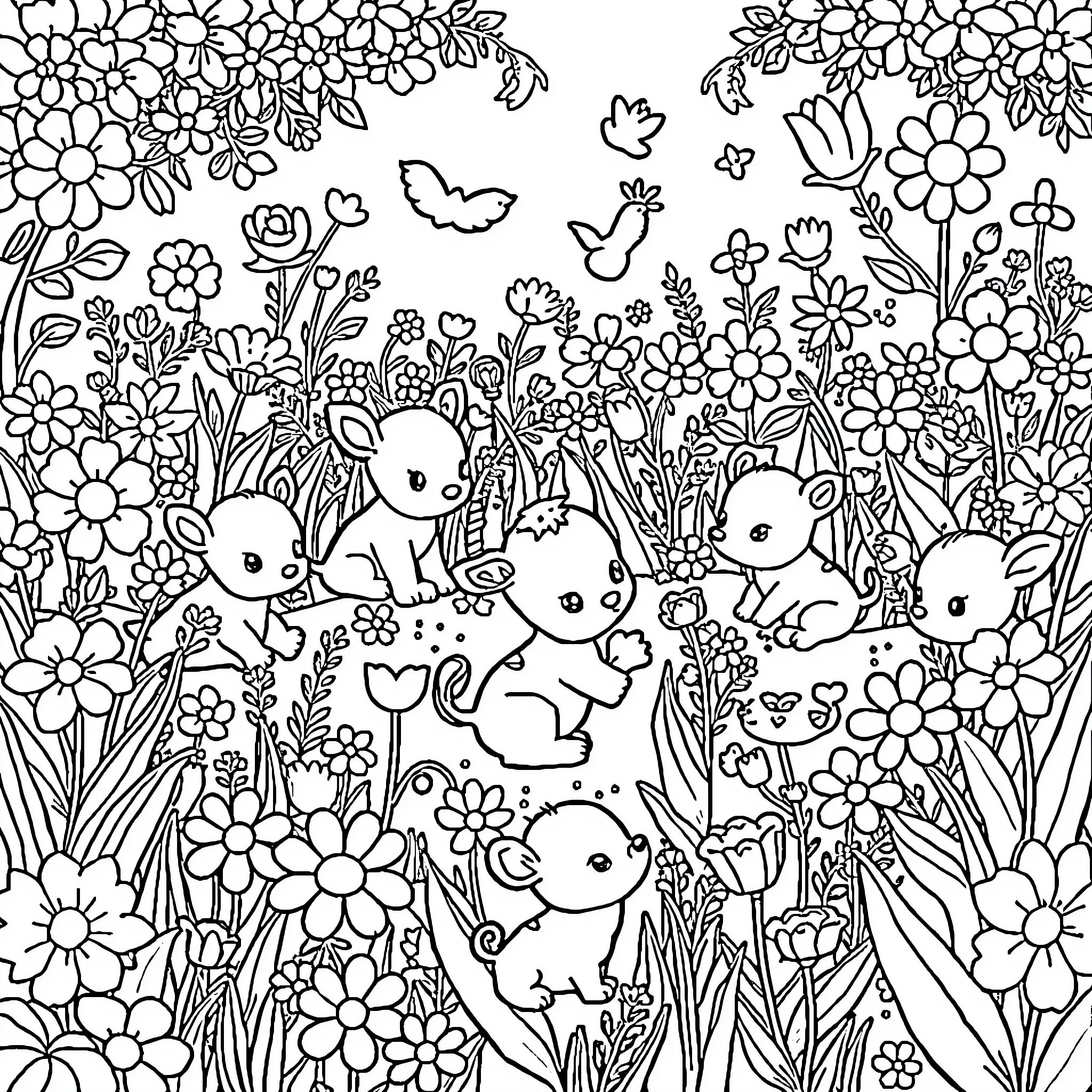 Baby Animals in a Floral Garden Coloring Page (free black-and-white line drawing printable PDF for all, from beginners to advanced learners, including children, teens, adults, and seniors)