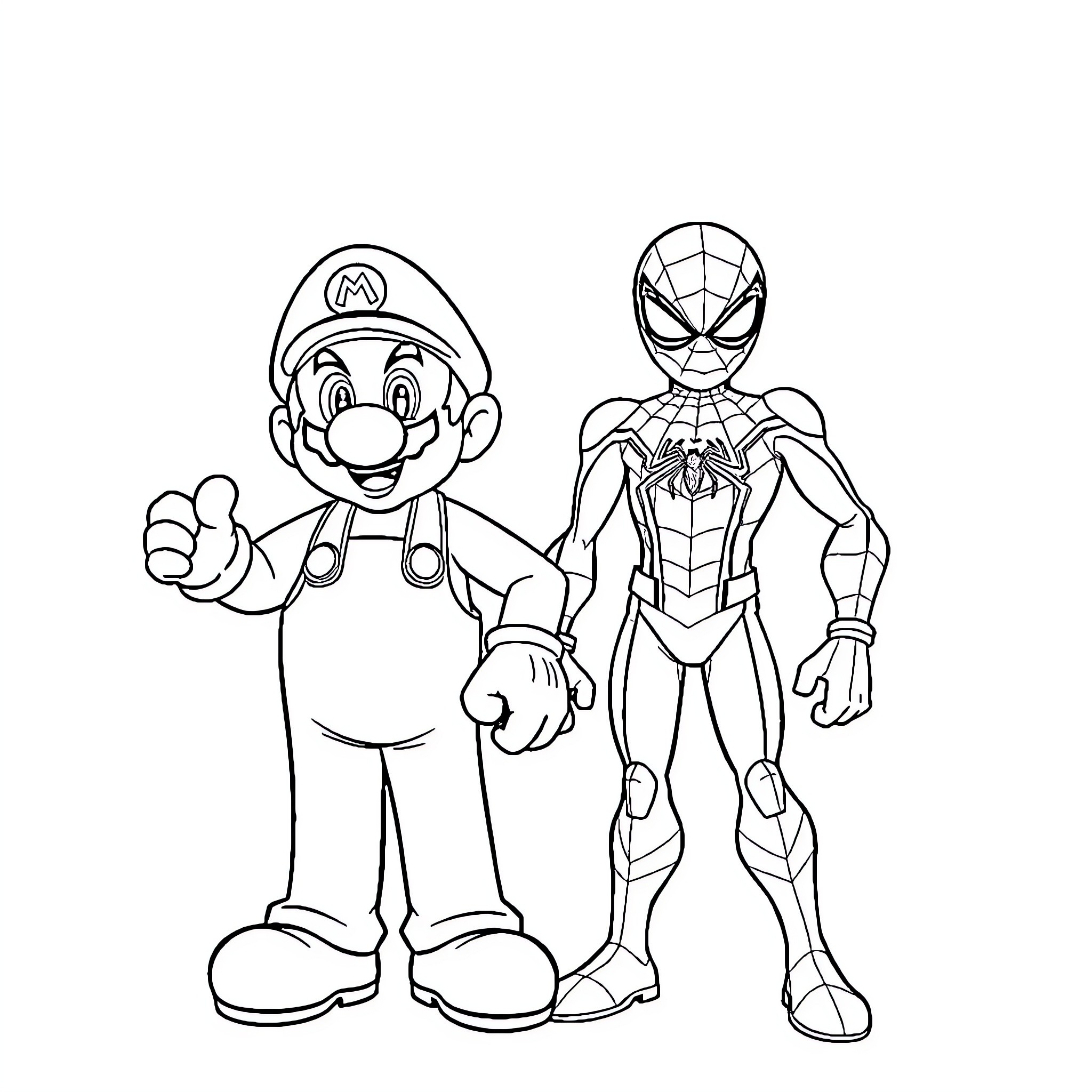 Mario and Spider-Man standing together Coloring Page (free black-and-white line drawing printable PDF for all, from beginners to advanced learners, including children, teens, adults, and seniors)
