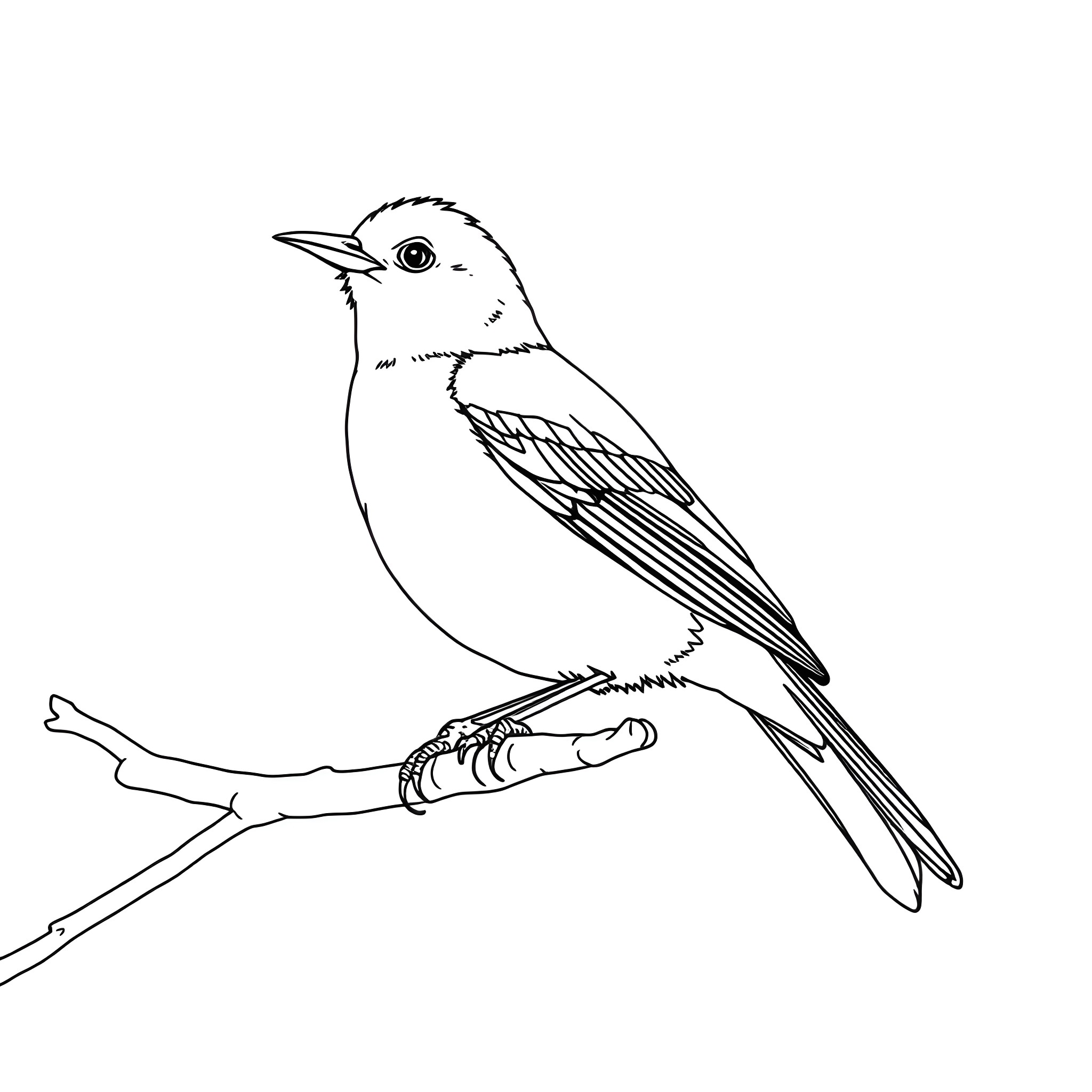 Tanager on a branch Coloring Page (free black-and-white line drawing printable PDF for all, from beginners to advanced learners, including children, teens, adults, and seniors)