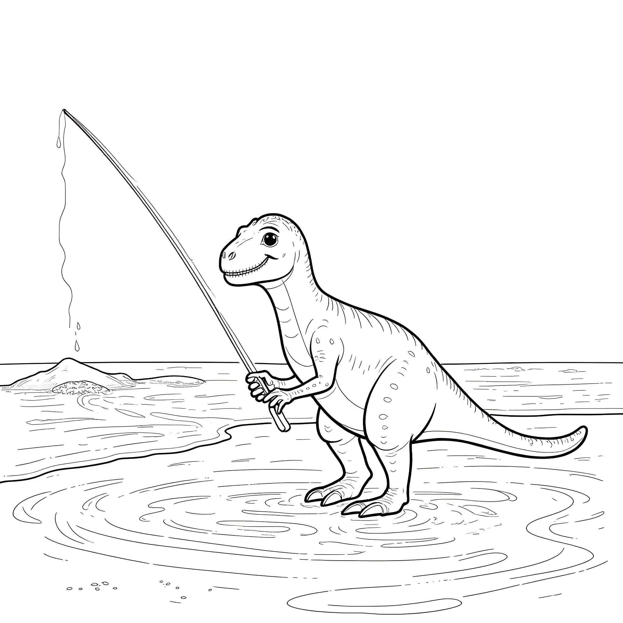 Dinosaur fishing in a river Coloring Page (free black-and-white line drawing printable PDF for all, from beginners to advanced learners, including children, teens, adults, and seniors)