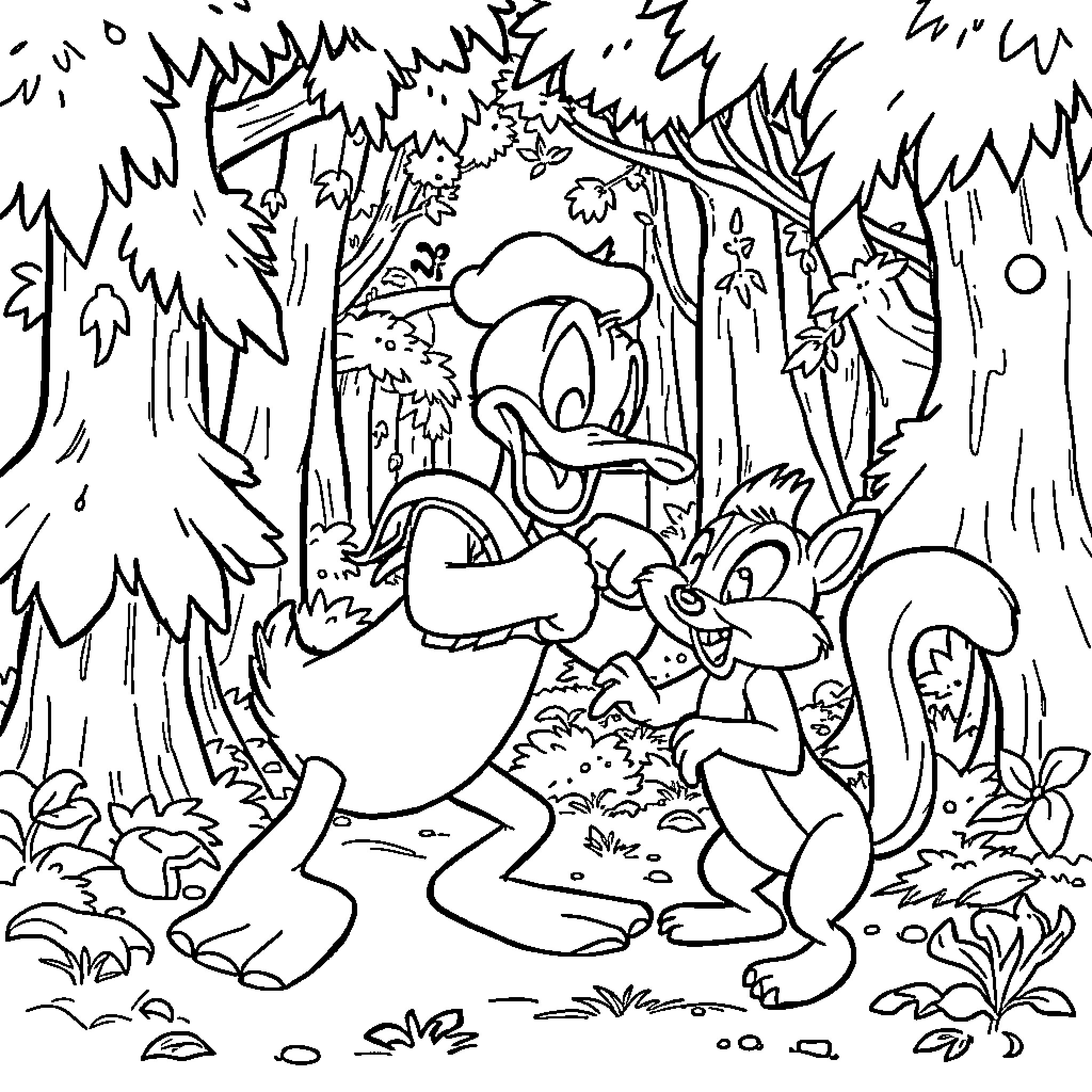 Donald Duck's Forest Adventure with Animal Friends Coloring Page (free black-and-white line drawing printable PDF for all, from beginners to advanced learners, including children, teens, adults, and seniors)