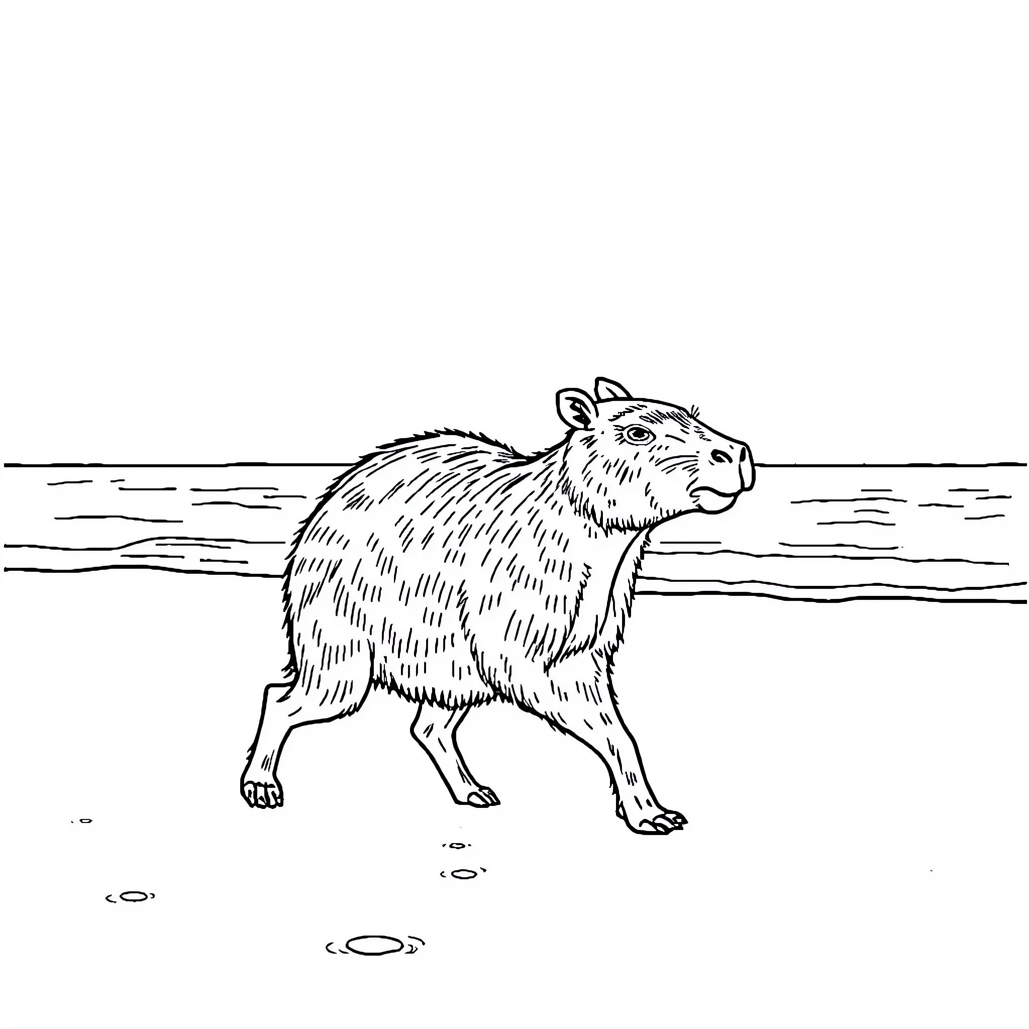 Capybara exploring the water's edge Coloring Page (free black-and-white line drawing printable PDF for all, from beginners to advanced learners, including children, teens, adults, and seniors)
