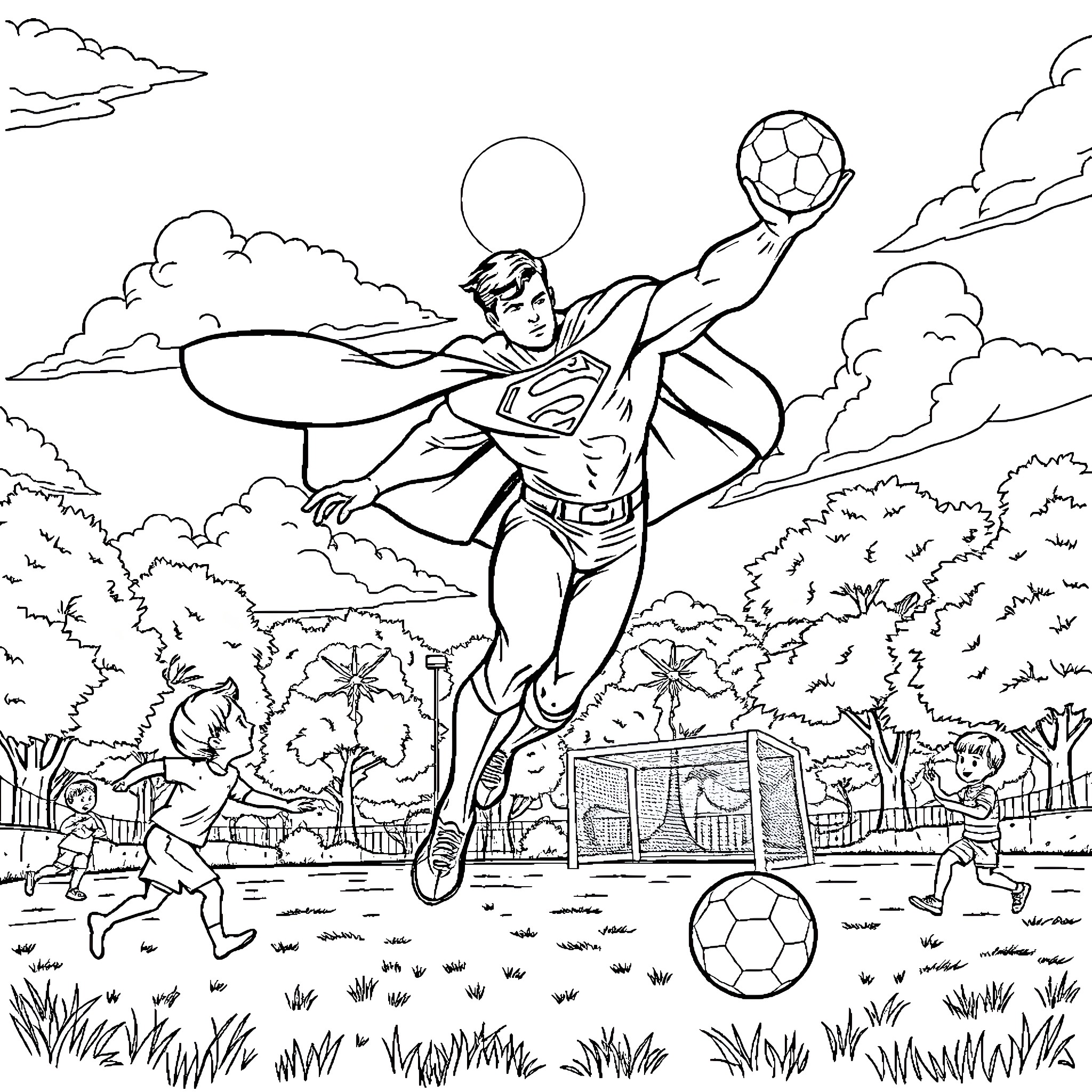 Superman playing soccer heroically in the park Coloring Page (free black-and-white line drawing printable PDF for all, from beginners to advanced learners, including children, teens, adults, and seniors)