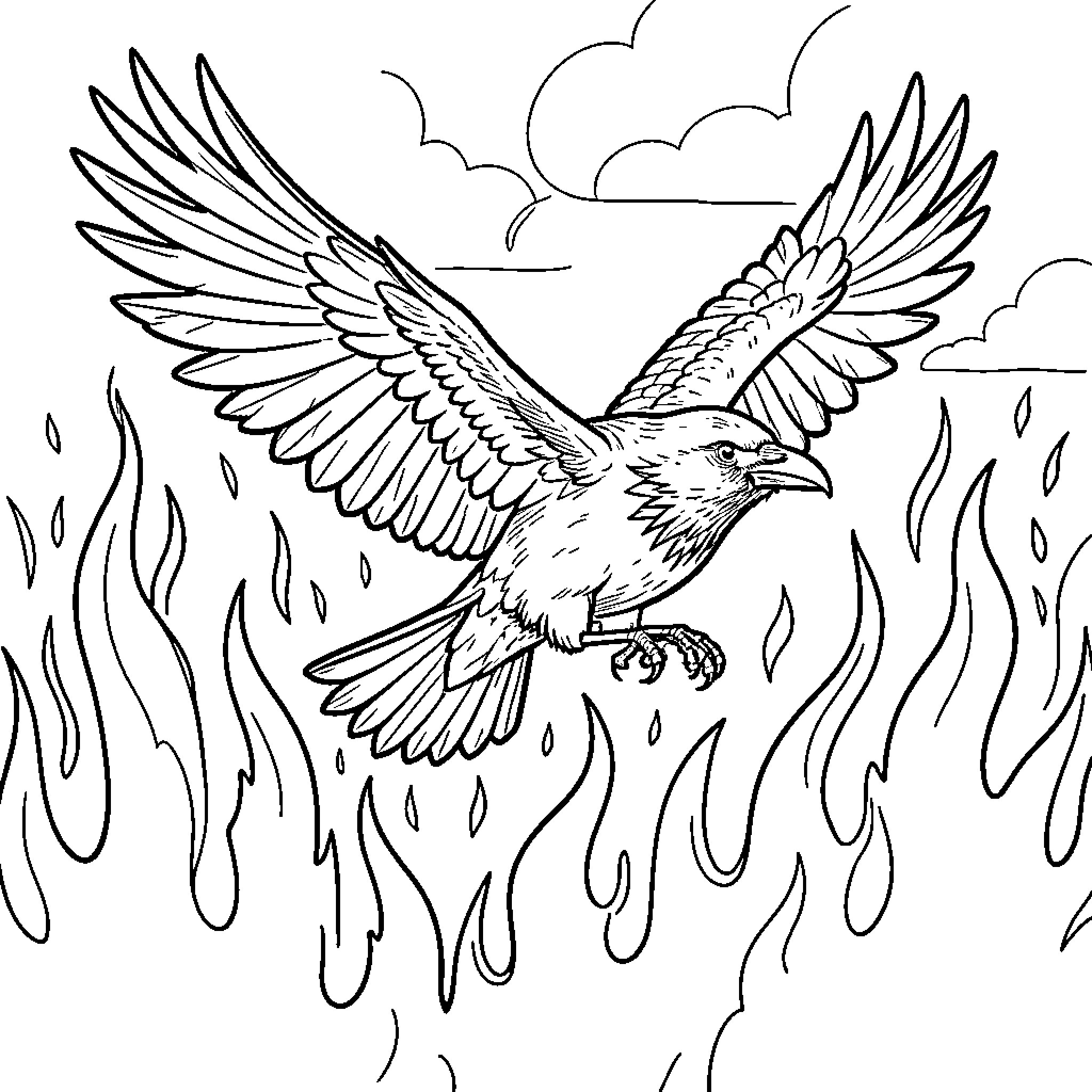 Crow in a fiery descent Coloring Page (free black-and-white line drawing printable PDF for all, from beginners to advanced learners, including children, teens, adults, and seniors)