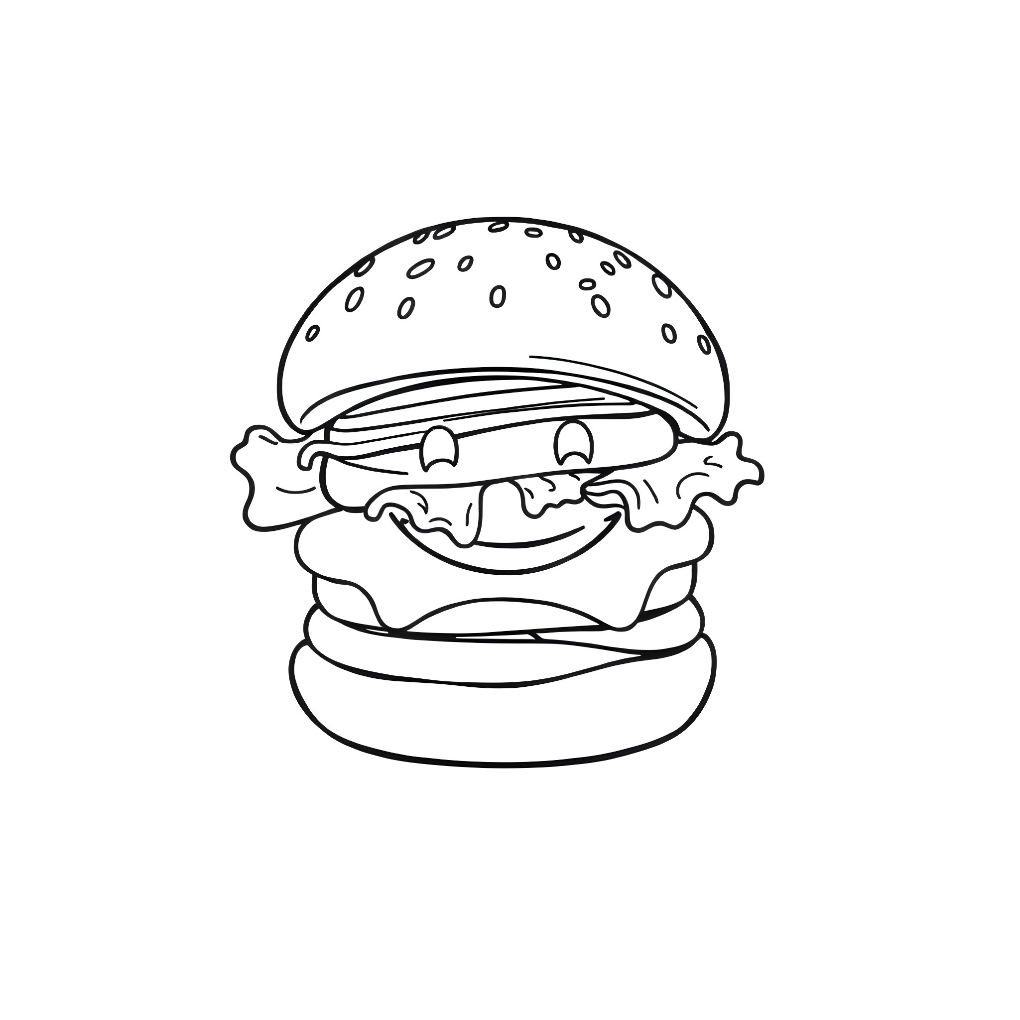 Hamburger with happy expression Coloring Page (free black-and-white line drawing printable PDF for all, from beginners to advanced learners, including children, teens, adults, and seniors)