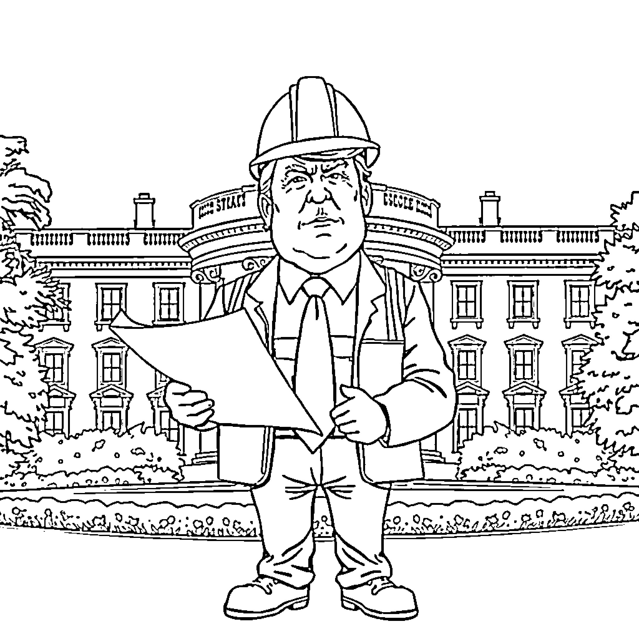 Trump standing sternly in front of White House Coloring Page (free black-and-white line drawing printable PDF for all, from beginners to advanced learners, including children, teens, adults, and seniors)