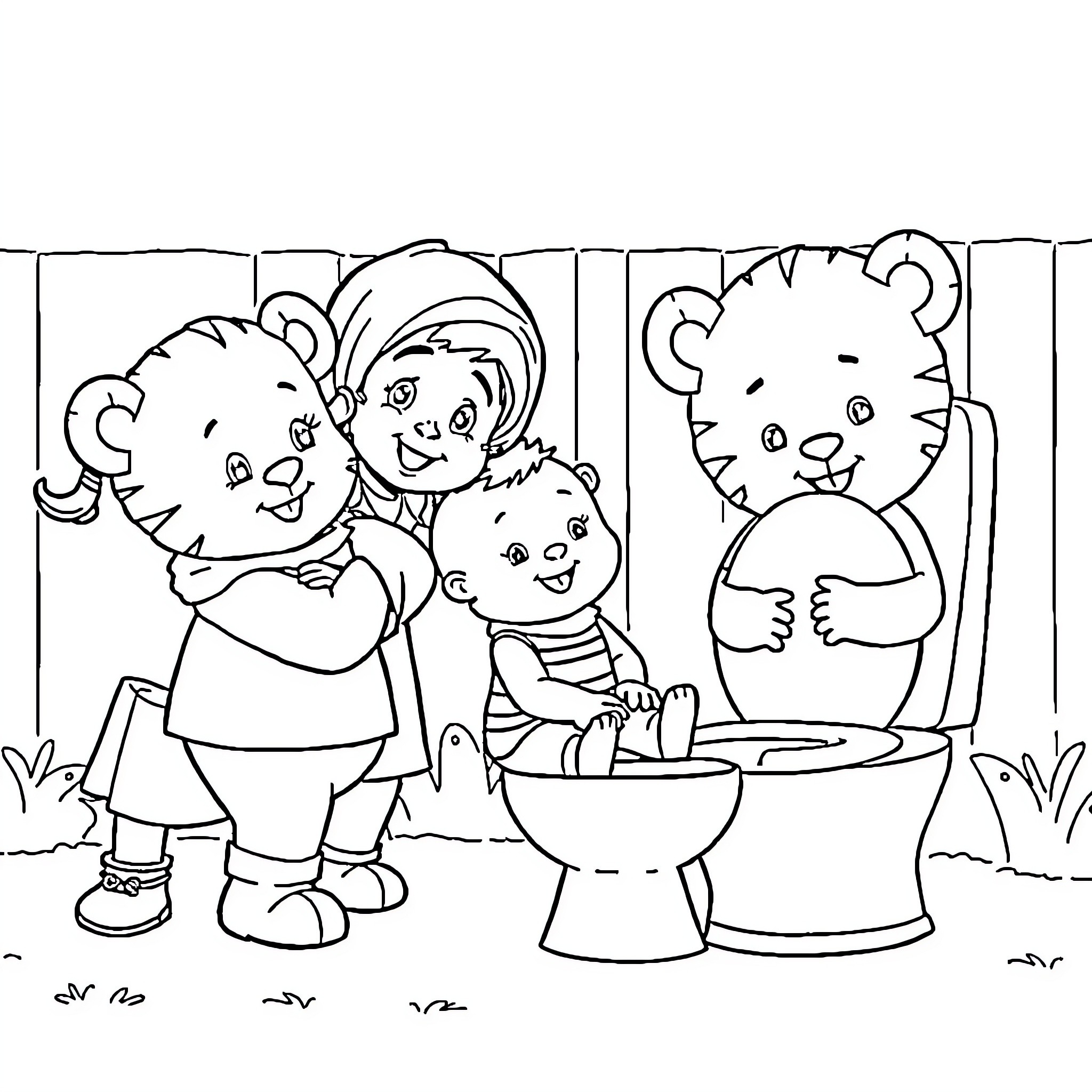Daniel Tiger family helping baby in bathtub Coloring Page (free black-and-white line drawing printable PDF for all, from beginners to advanced learners, including children, teens, adults, and seniors)