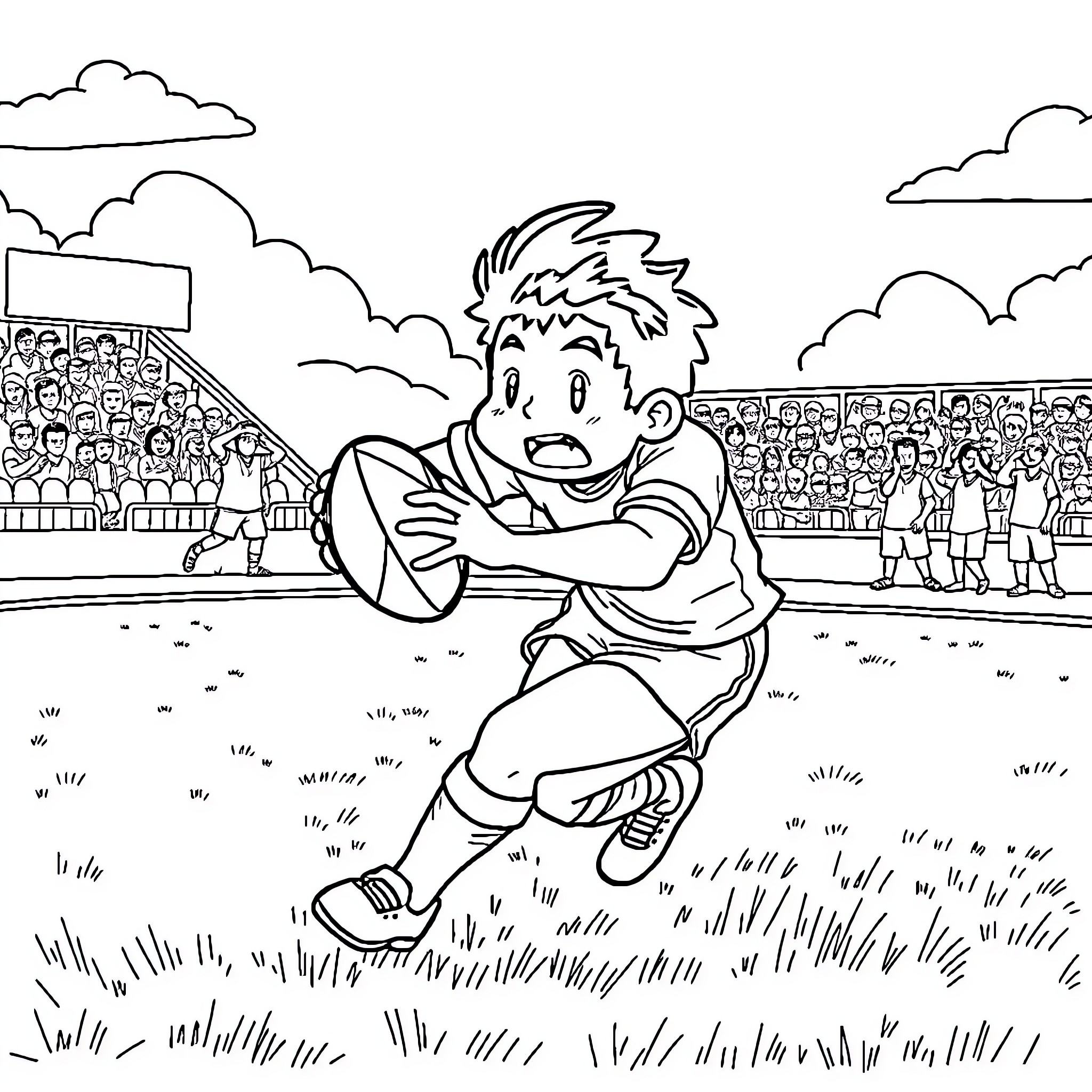 Songoku playing in a sports stadium Coloring Page (free black-and-white line drawing printable PDF for all, from beginners to advanced learners, including children, teens, adults, and seniors)