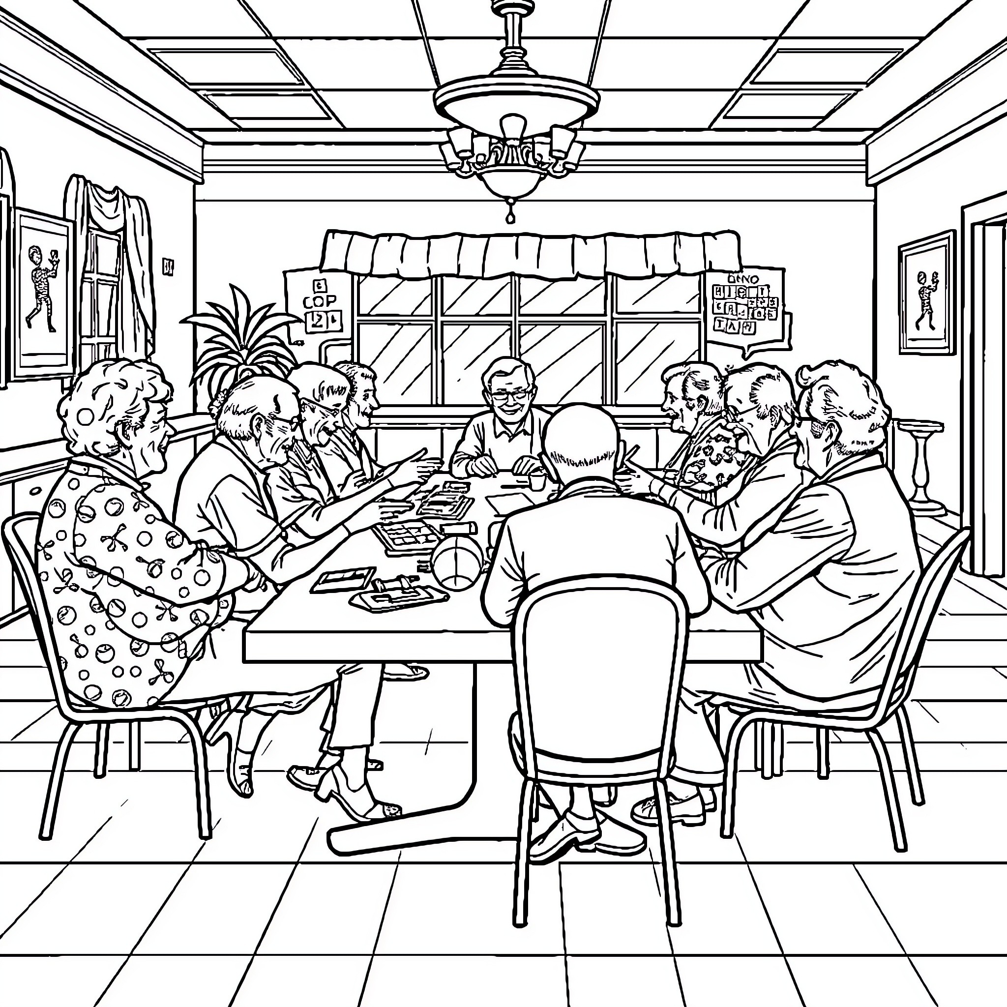 Senior group enjoying a meal together Coloring Page (free black-and-white line drawing printable PDF for all, from beginners to advanced learners, including children, teens, adults, and seniors)