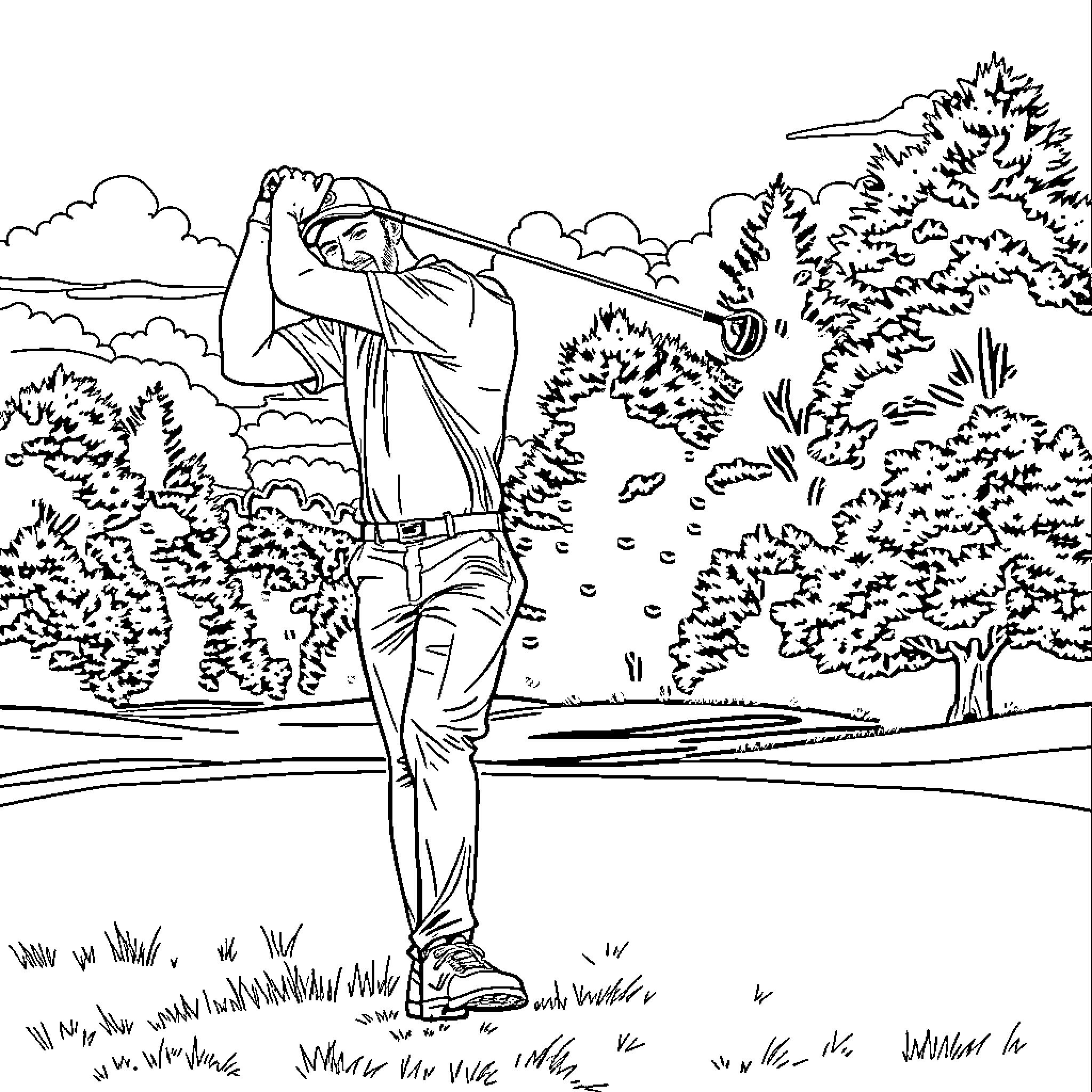Peyton Manning playing golf in nature Coloring Page (free black-and-white line drawing printable PDF for all, from beginners to advanced learners, including children, teens, adults, and seniors)