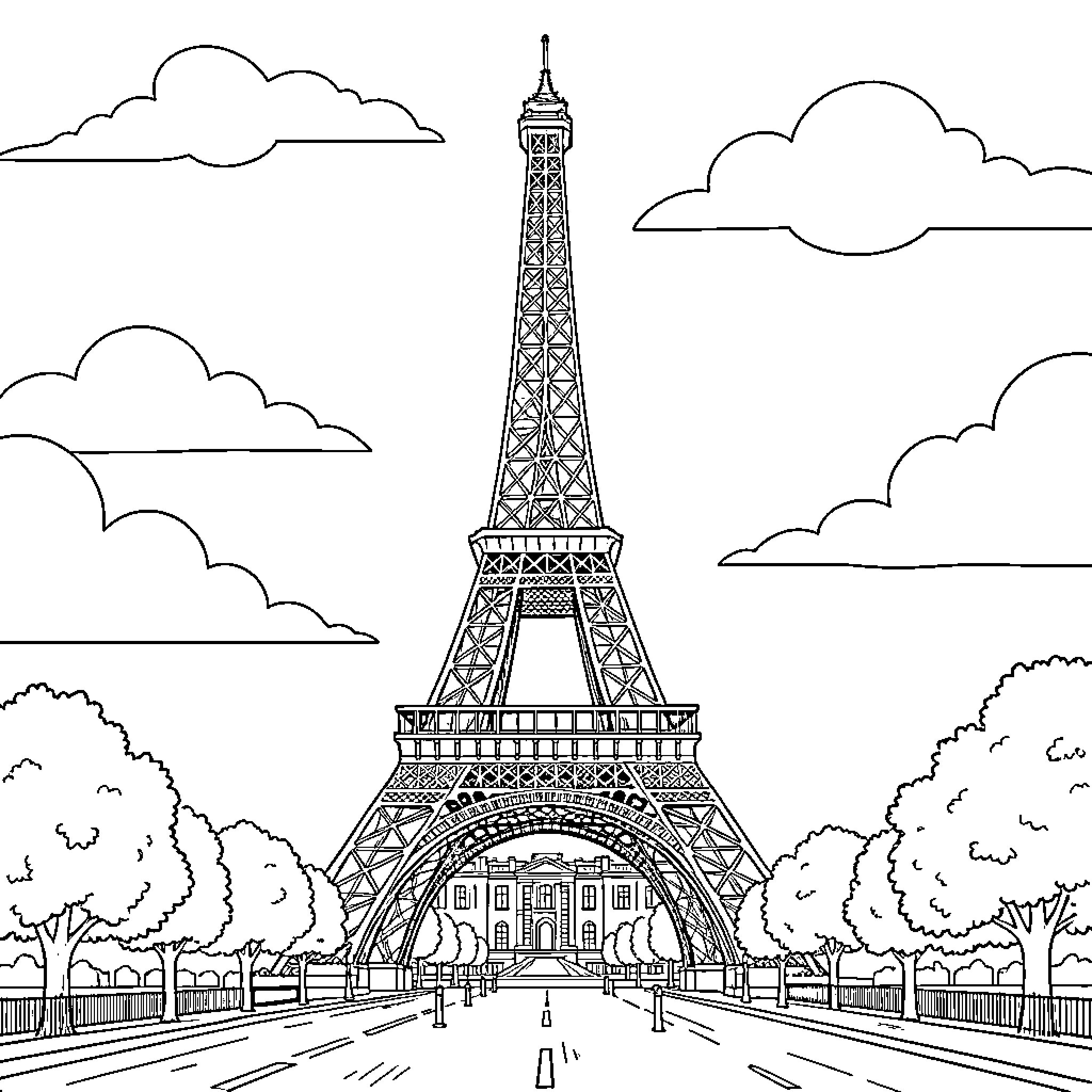 Eiffel Tower standing tall above a city street Coloring Page (free black-and-white line drawing printable PDF for all, from beginners to advanced learners, including children, teens, adults, and seniors)