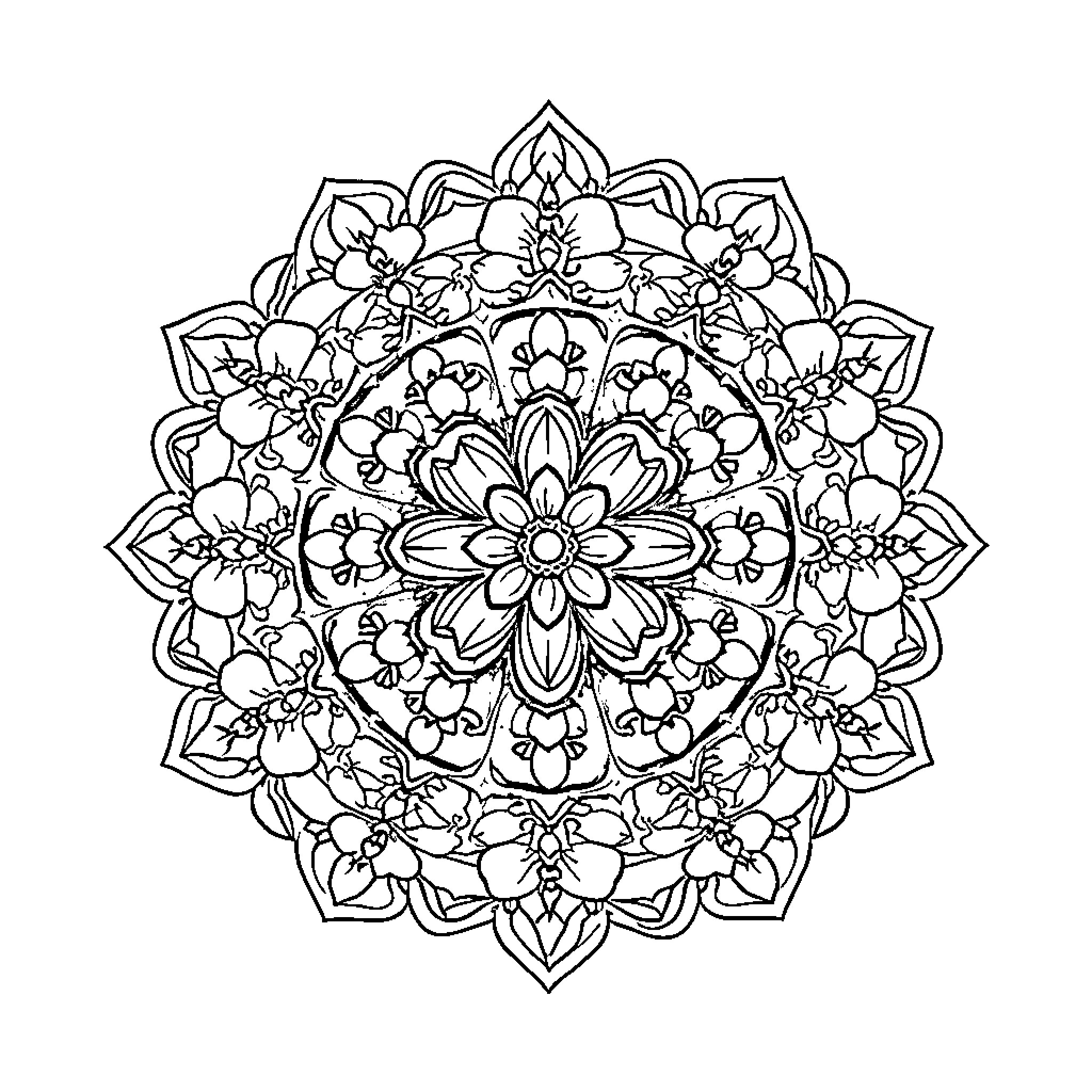 Mandala with Intricate Floral Patterns Coloring Page (free black-and-white line drawing printable PDF for all, from beginners to advanced learners, including children, teens, adults, and seniors)