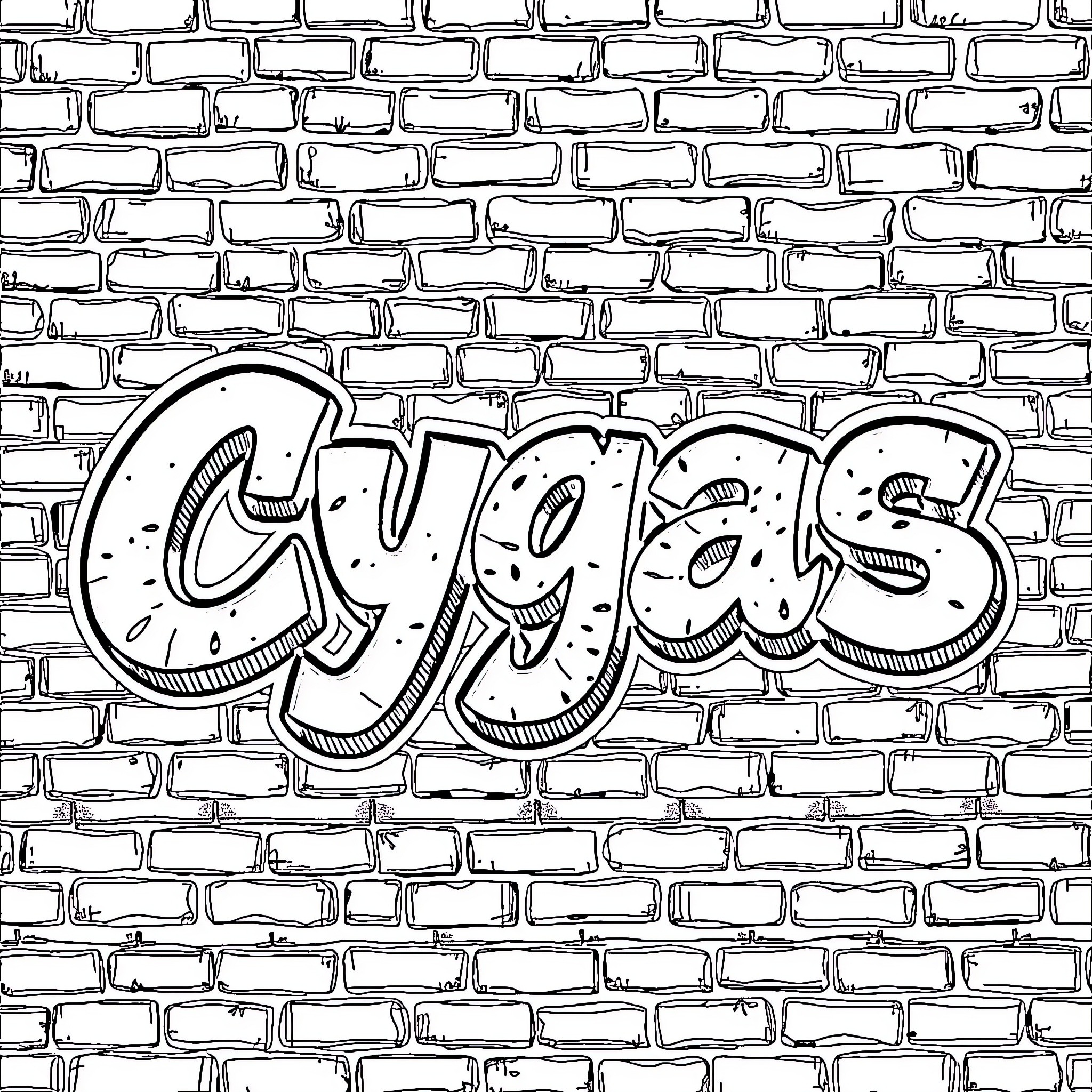 Cygas graffiti on brick wall Coloring Page (free black-and-white line drawing printable PDF for all, from beginners to advanced learners, including children, teens, adults, and seniors)