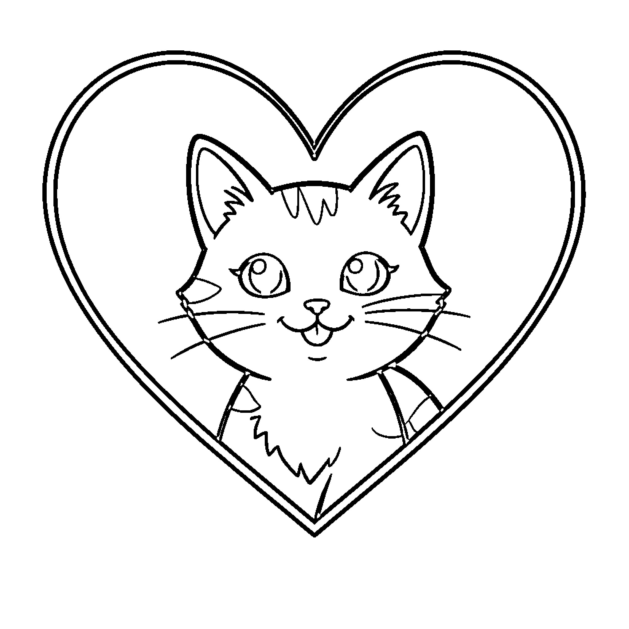 Heart shaped frame containing a smiling cute kitten Coloring Page (free black-and-white line drawing printable PDF for all, from beginners to advanced learners, including children, teens, adults, and seniors)