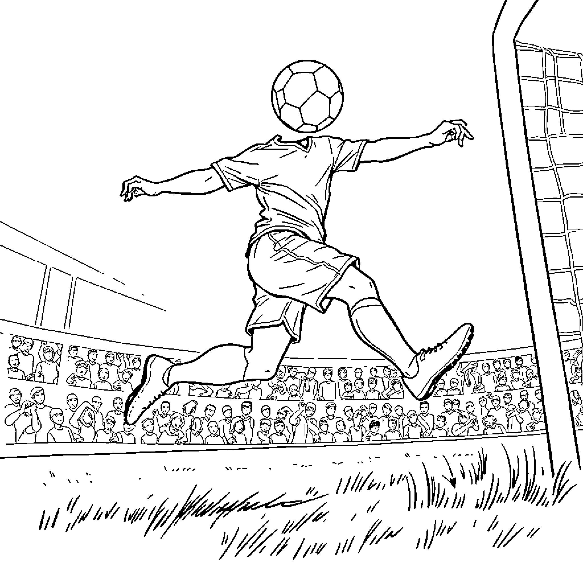 Footballer kicking ball in sports stadium Coloring Page (free black-and-white line drawing printable PDF for all, from beginners to advanced learners, including children, teens, adults, and seniors)