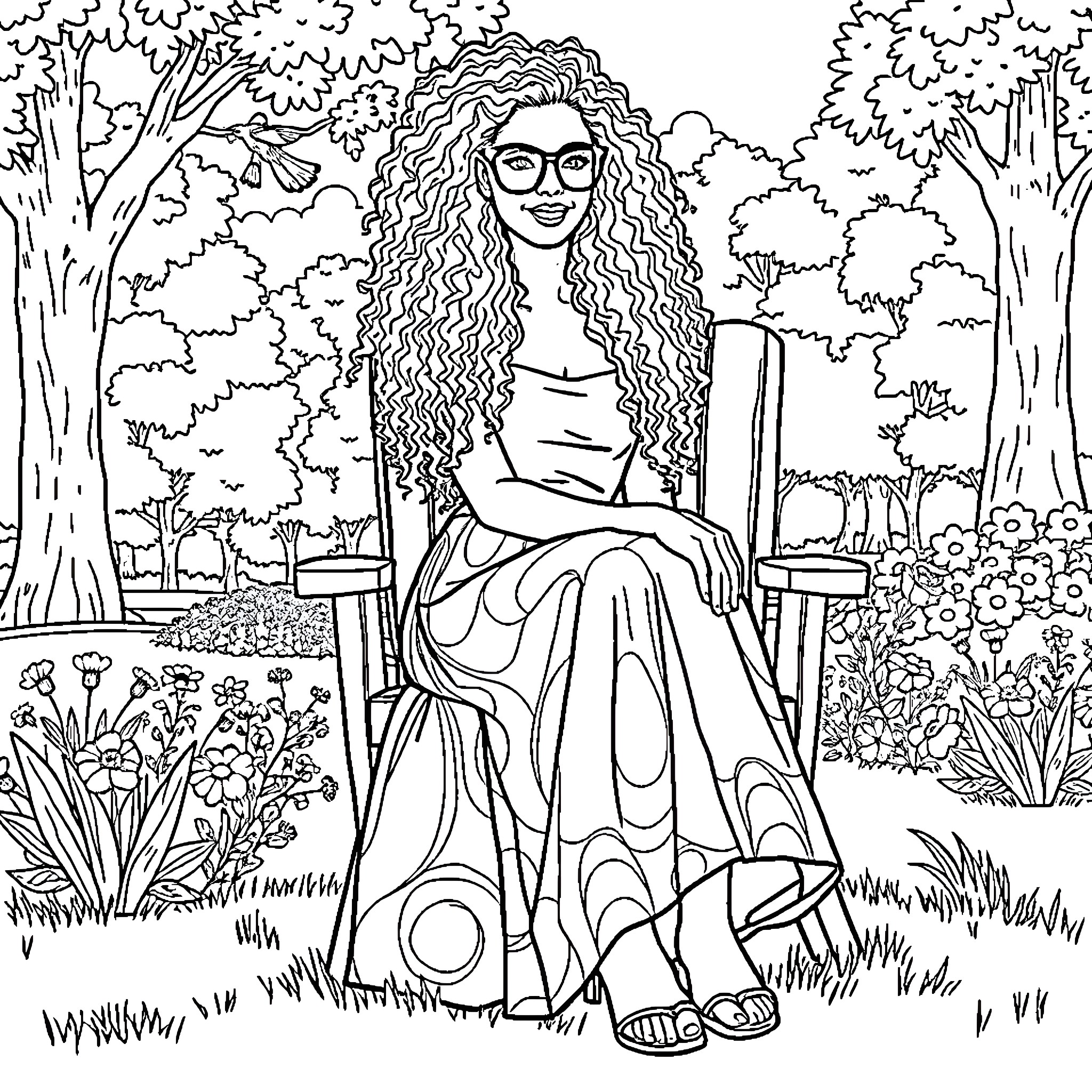 Woman relaxing in a garden surrounded by nature Coloring Page (free black-and-white line drawing printable PDF for all, from beginners to advanced learners, including children, teens, adults, and seniors)