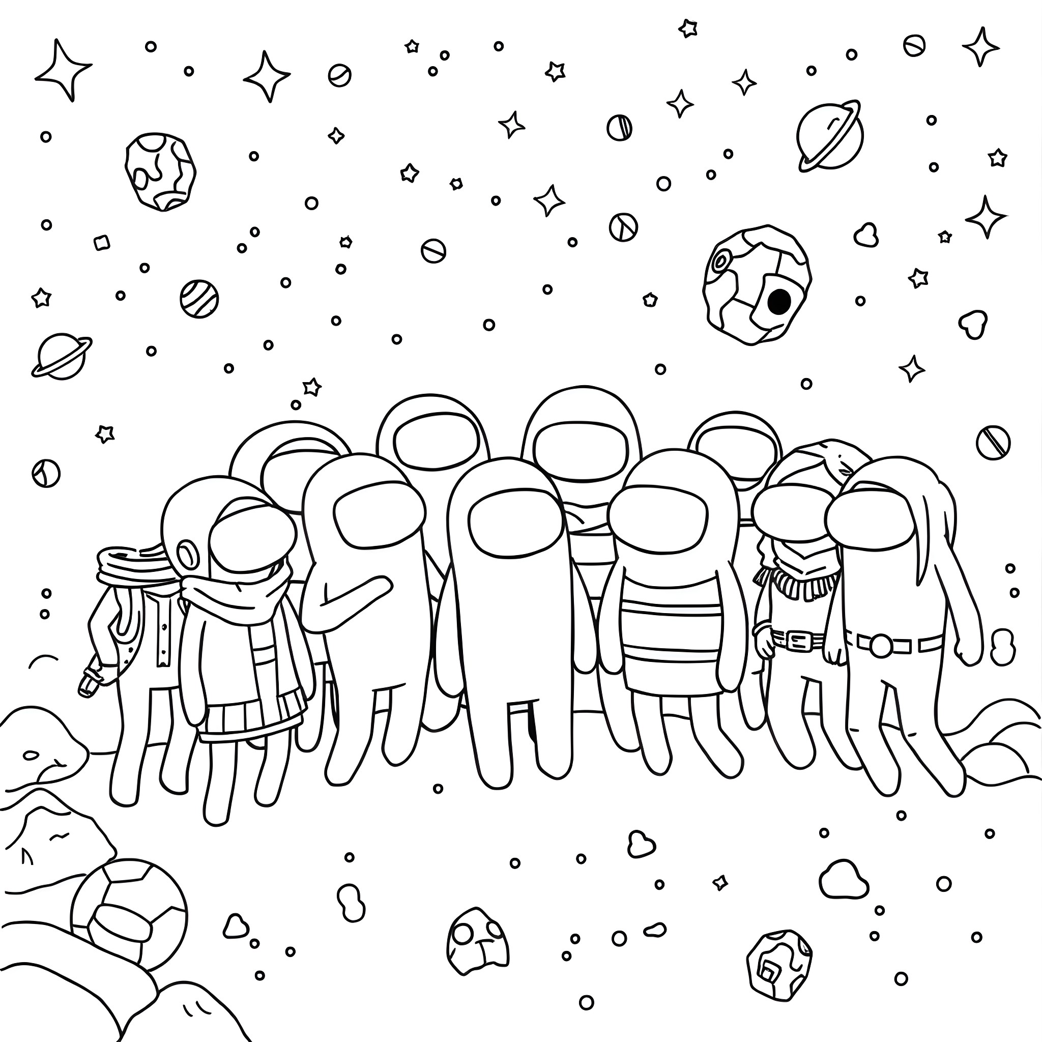 Among Us Characters Exploring the Cosmos Coloring Page (free black-and-white line drawing printable PDF for all, from beginners to advanced learners, including children, teens, adults, and seniors)