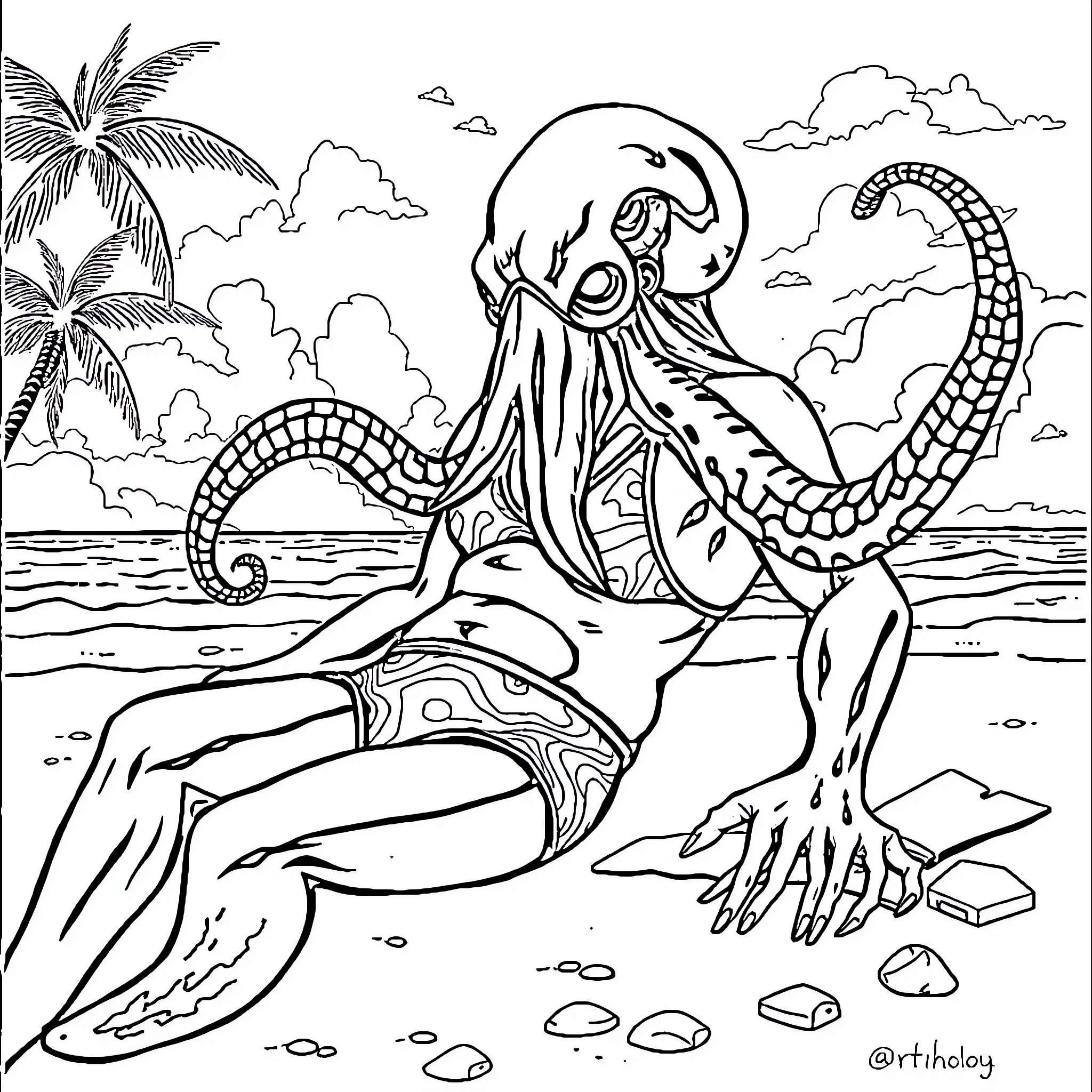 Cthulhu awakens from the depths in a tropical paradise Coloring Page (free black-and-white line drawing printable PDF for all, from beginners to advanced learners, including children, teens, adults, and seniors)