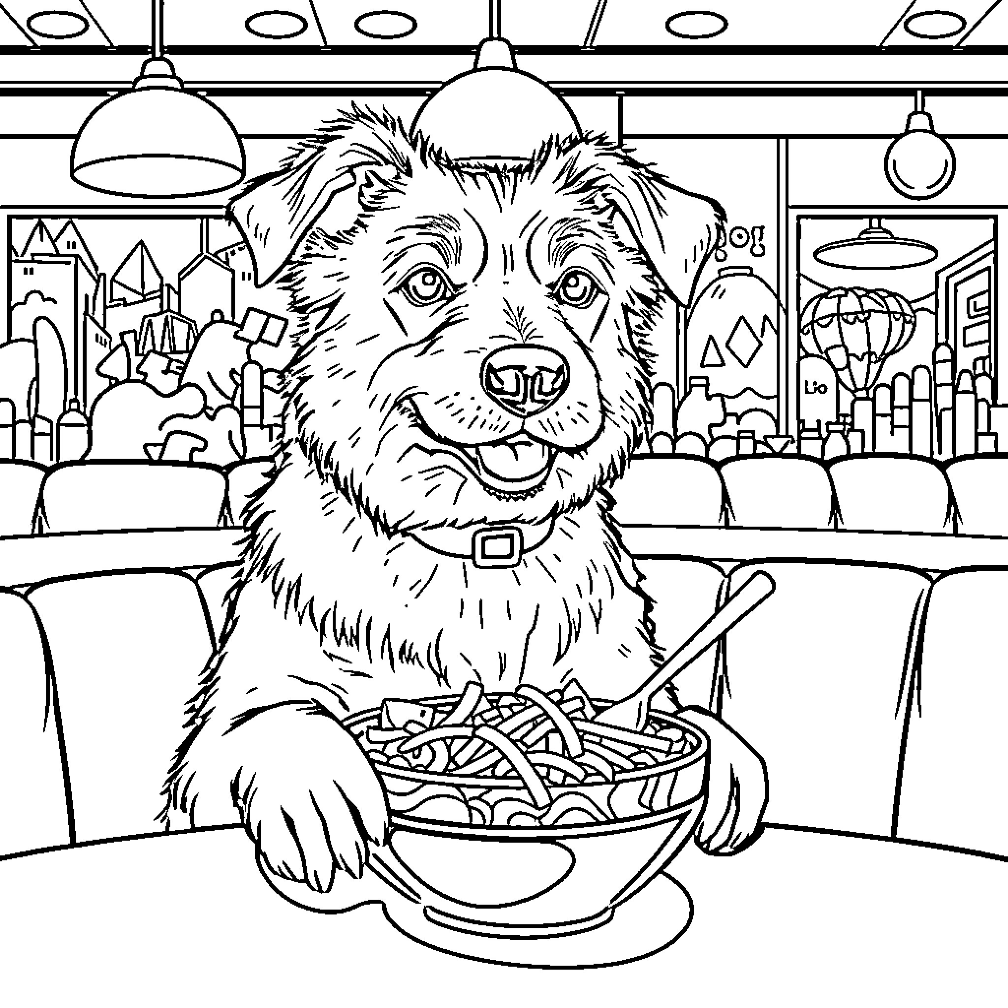 Dog enjoying a hearty meal in a cozy diner Coloring Page (free black-and-white line drawing printable PDF for all, from beginners to advanced learners, including children, teens, adults, and seniors)