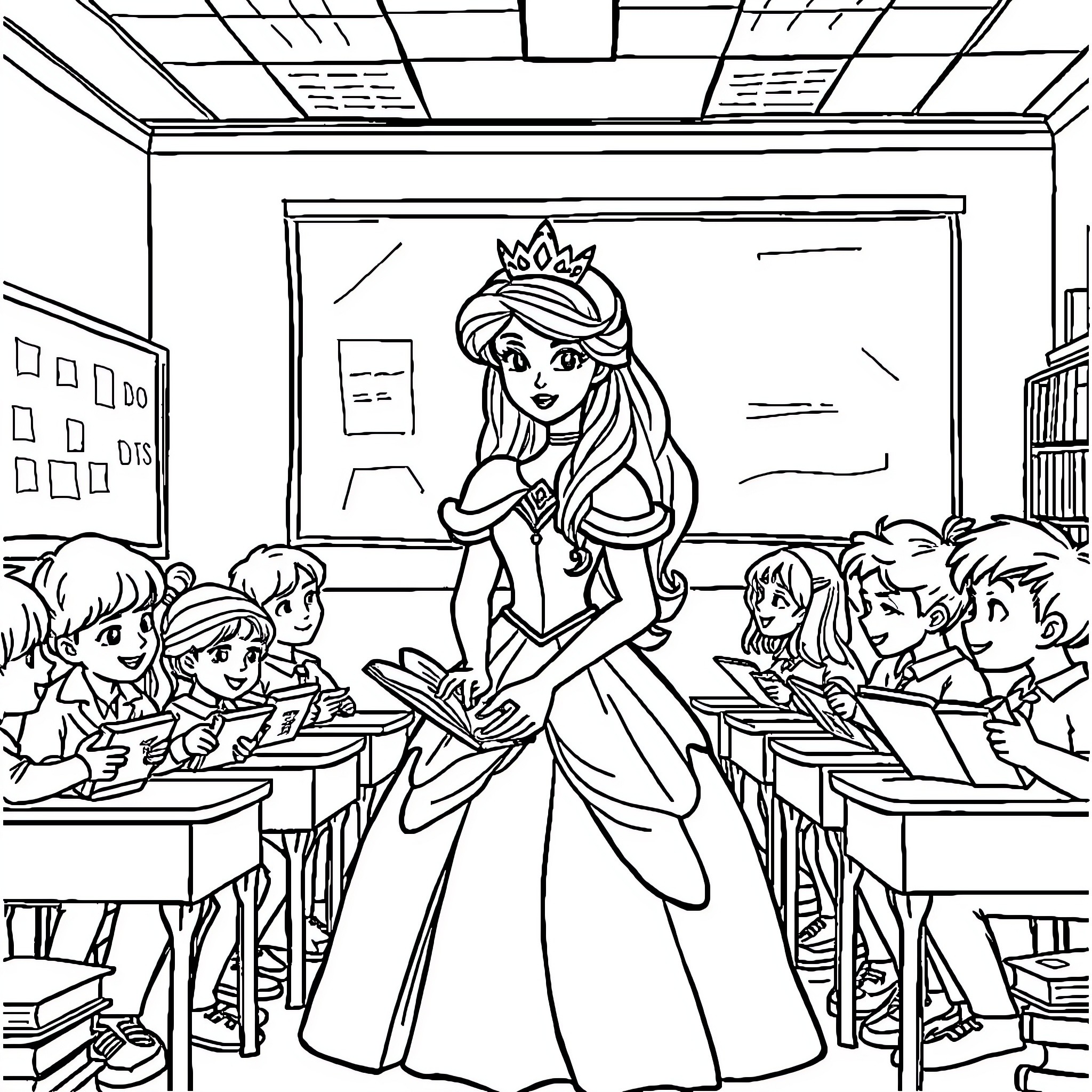 Princess Teaching Students in Classroom Coloring Page (free black-and-white line drawing printable PDF for all, from beginners to advanced learners, including children, teens, adults, and seniors)