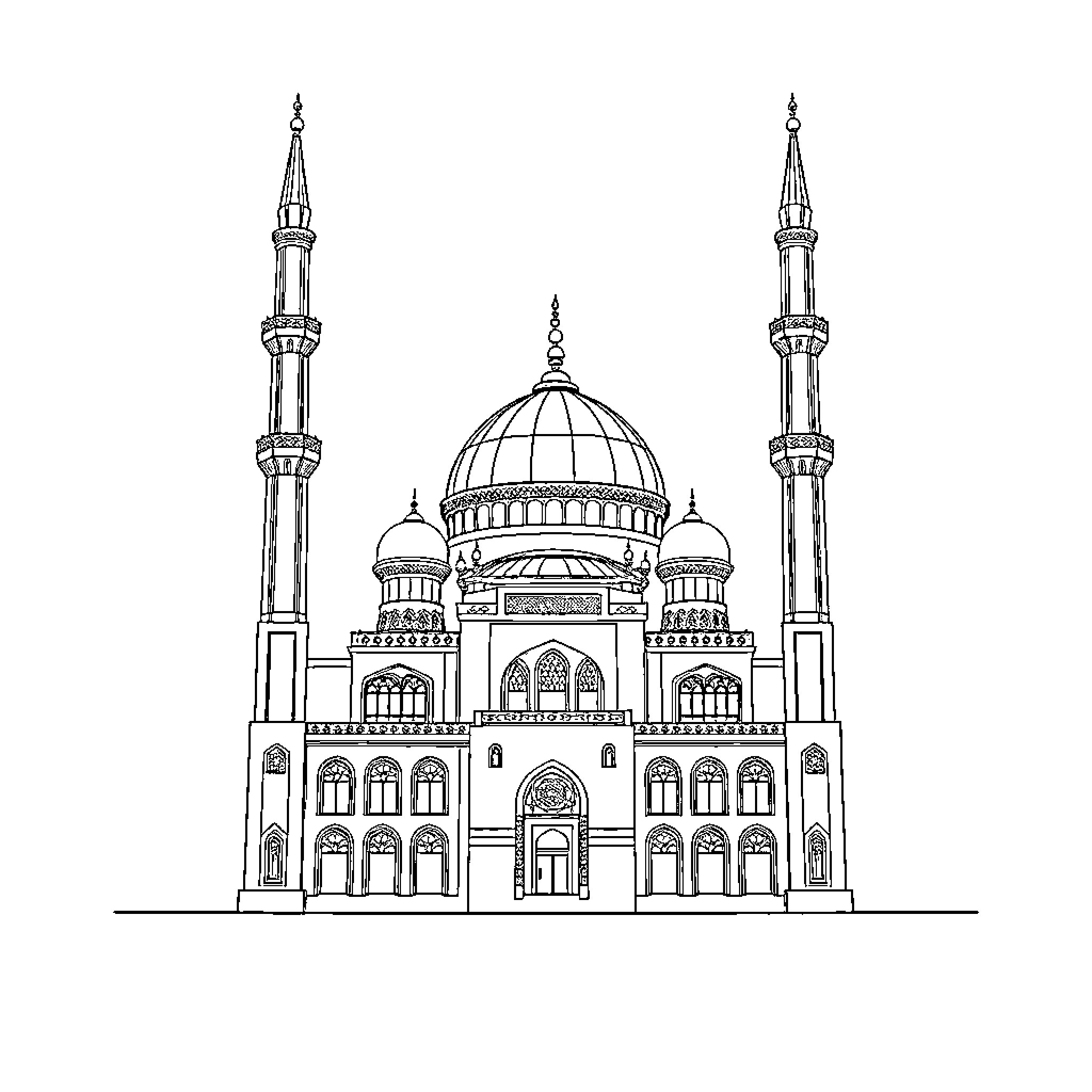 Mosque with ornate architectural details Coloring Page (free black-and-white line drawing printable PDF for all, from beginners to advanced learners, including children, teens, adults, and seniors)