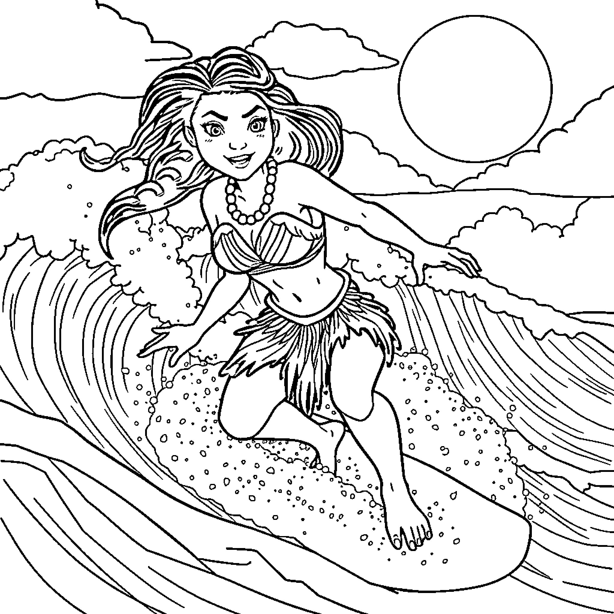 Pocahontas surfing on the waves under the moonlight Coloring Page (free black-and-white line drawing printable PDF for all, from beginners to advanced learners, including children, teens, adults, and seniors)