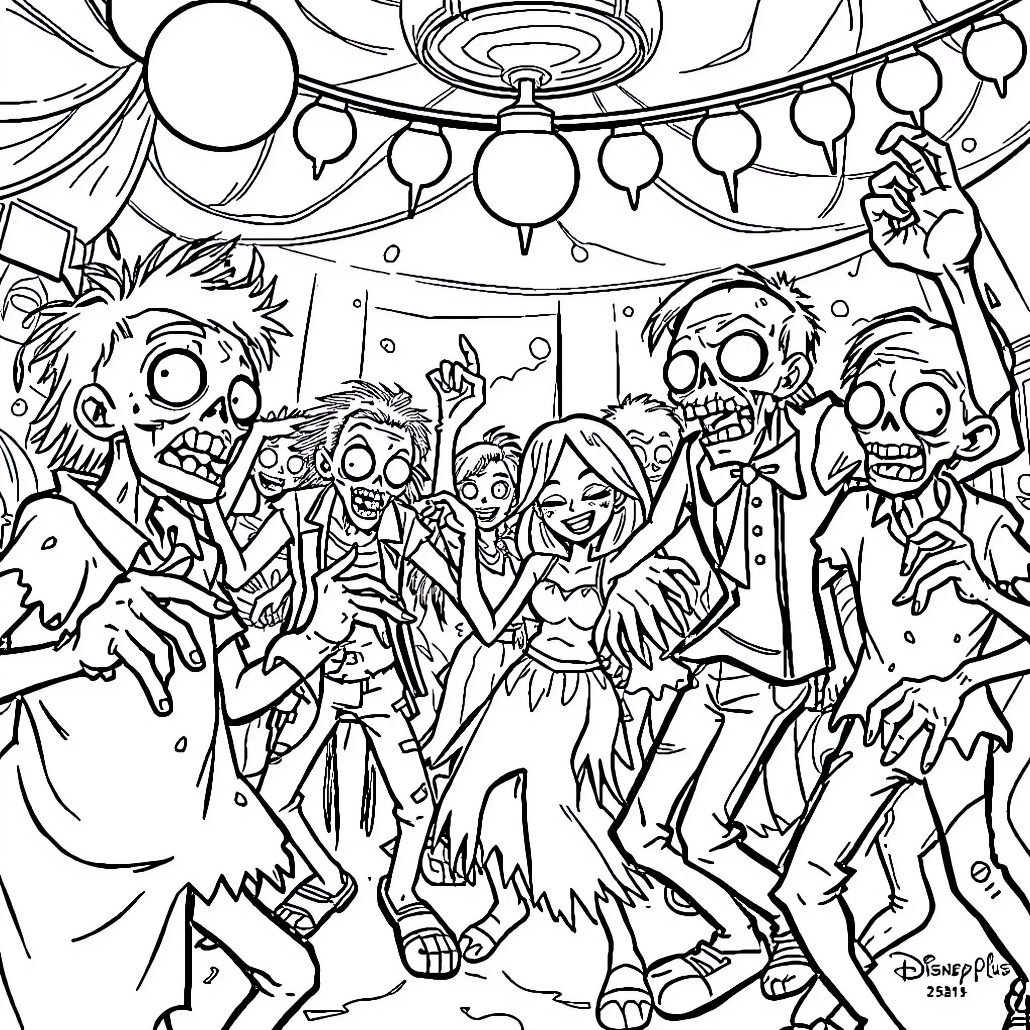 Zombie Party with Ghastly Guests and Frightful Festivities Coloring Page (free black-and-white line drawing printable PDF for all, from beginners to advanced learners, including children, teens, adults, and seniors)