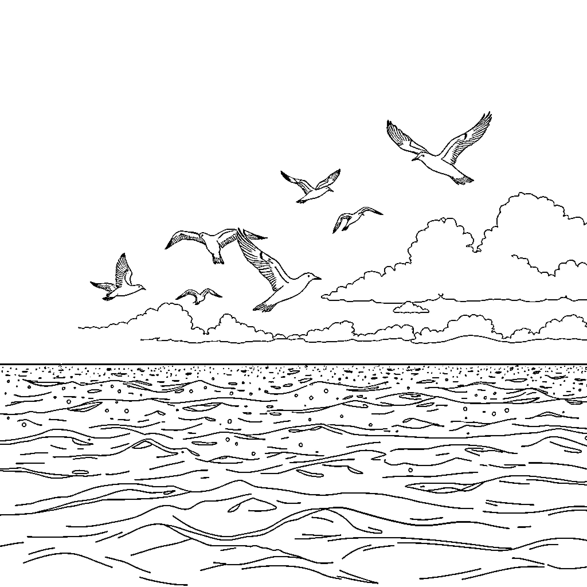 Birds in flight over the serene ocean Coloring Page (free black-and-white line drawing printable PDF for all, from beginners to advanced learners, including children, teens, adults, and seniors)