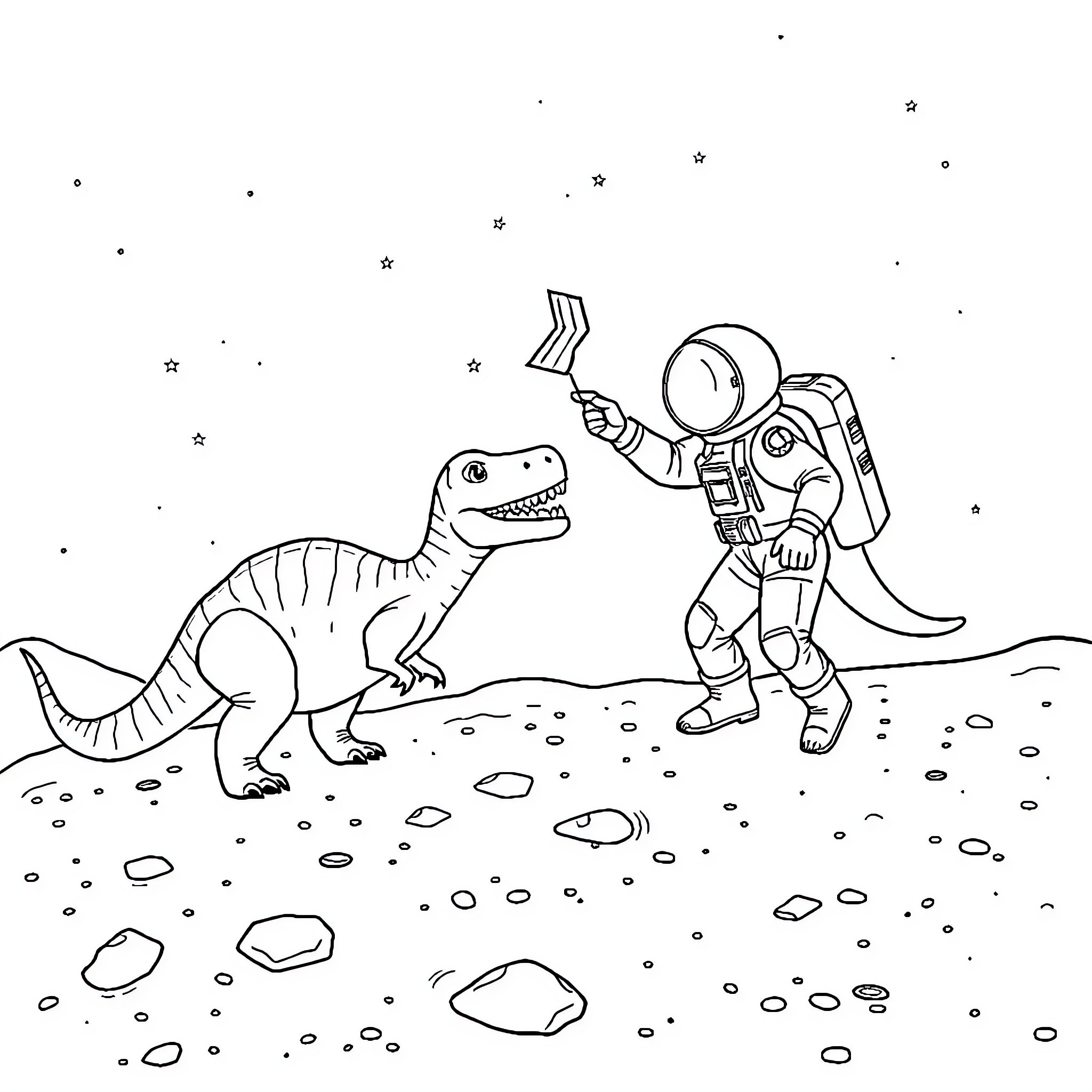 Astronaut exploring the alien planet with dinosaur Coloring Page (free black-and-white line drawing printable PDF for all, from beginners to advanced learners, including children, teens, adults, and seniors)