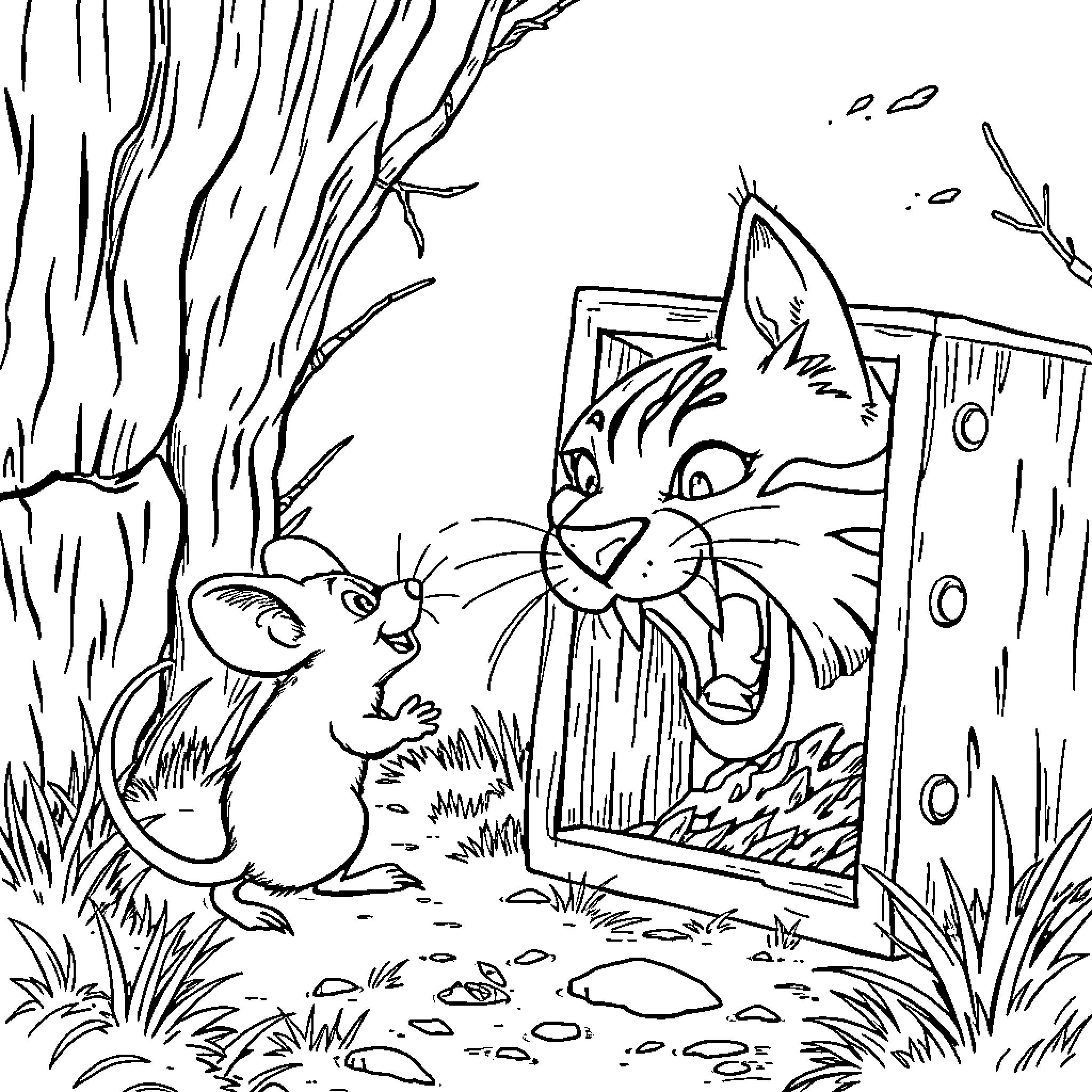 Mouse and cat exploring the forest Coloring Page (free black-and-white line drawing printable PDF for all, from beginners to advanced learners, including children, teens, adults, and seniors)