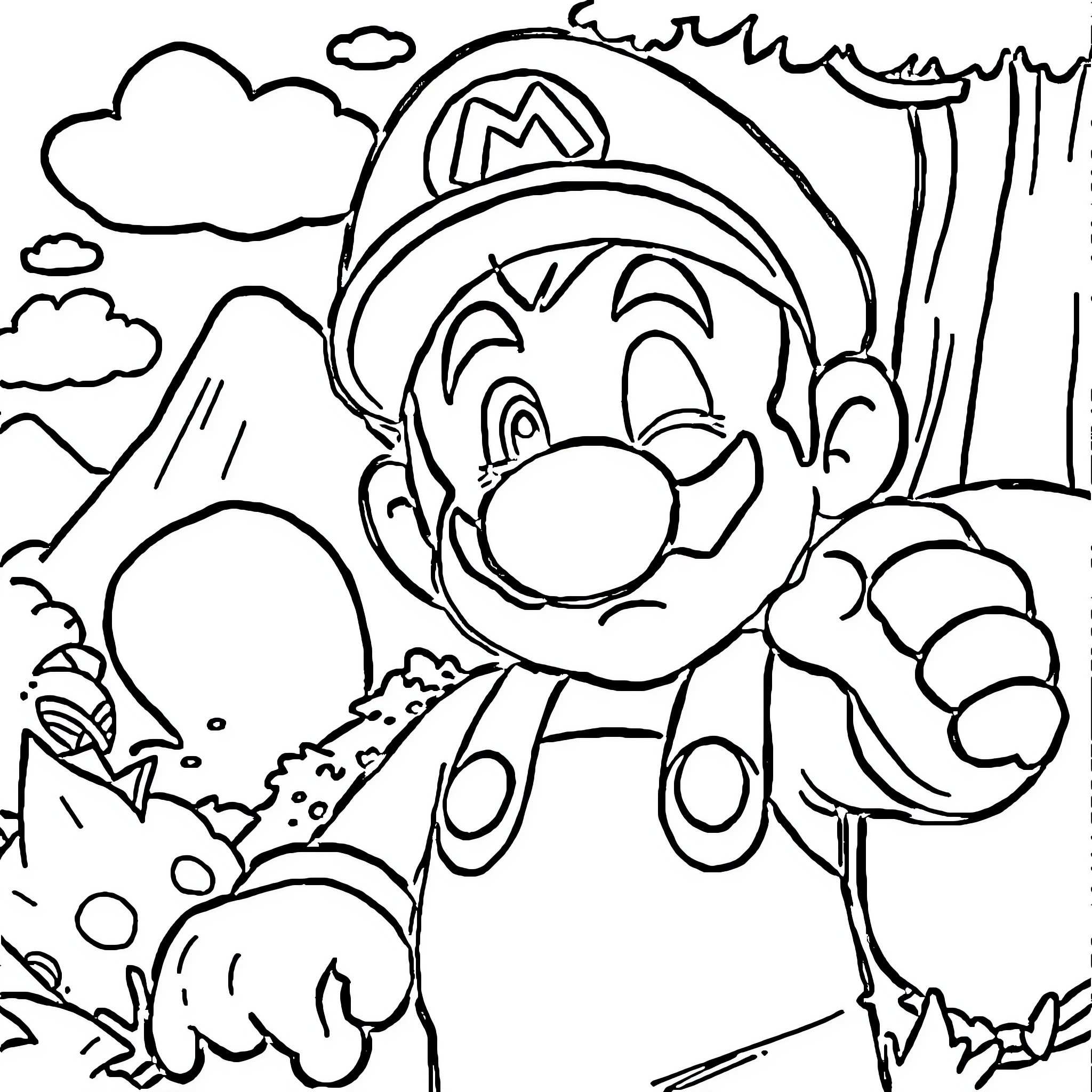 Mario jumping in a whimsical landscape Coloring Page (free black-and-white line drawing printable PDF for all, from beginners to advanced learners, including children, teens, adults, and seniors)