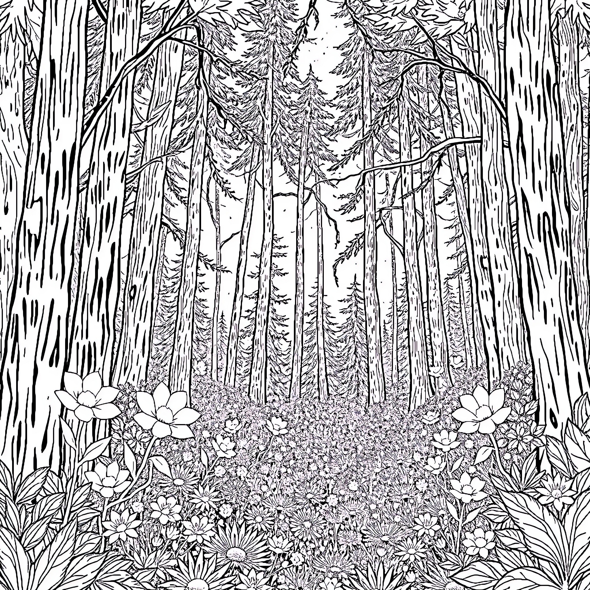 Forest flora and foliage in the wilderness Coloring Page (free black-and-white line drawing printable PDF for all, from beginners to advanced learners, including children, teens, adults, and seniors)