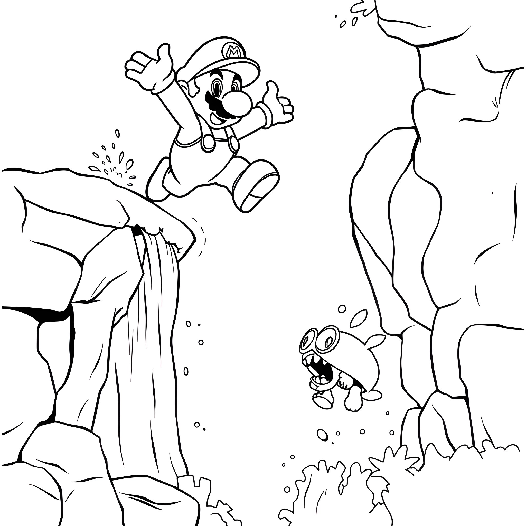Super Mario Jumping Excitedly Over Waterfall Coloring Page (free black-and-white line drawing printable PDF for all, from beginners to advanced learners, including children, teens, adults, and seniors)