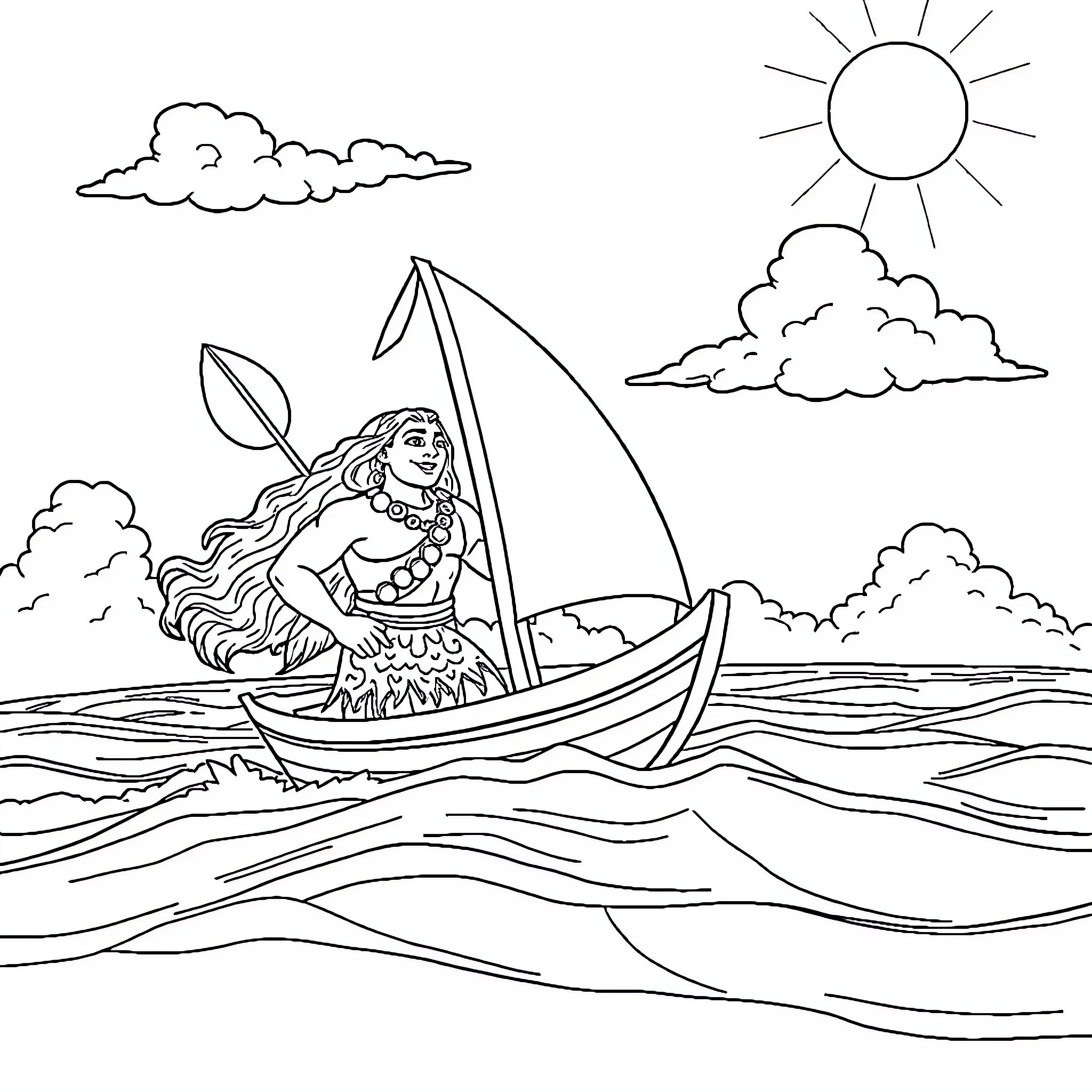 Moana sailing on the ocean in her boat Coloring Page (free black-and-white line drawing printable PDF for all, from beginners to advanced learners, including children, teens, adults, and seniors)