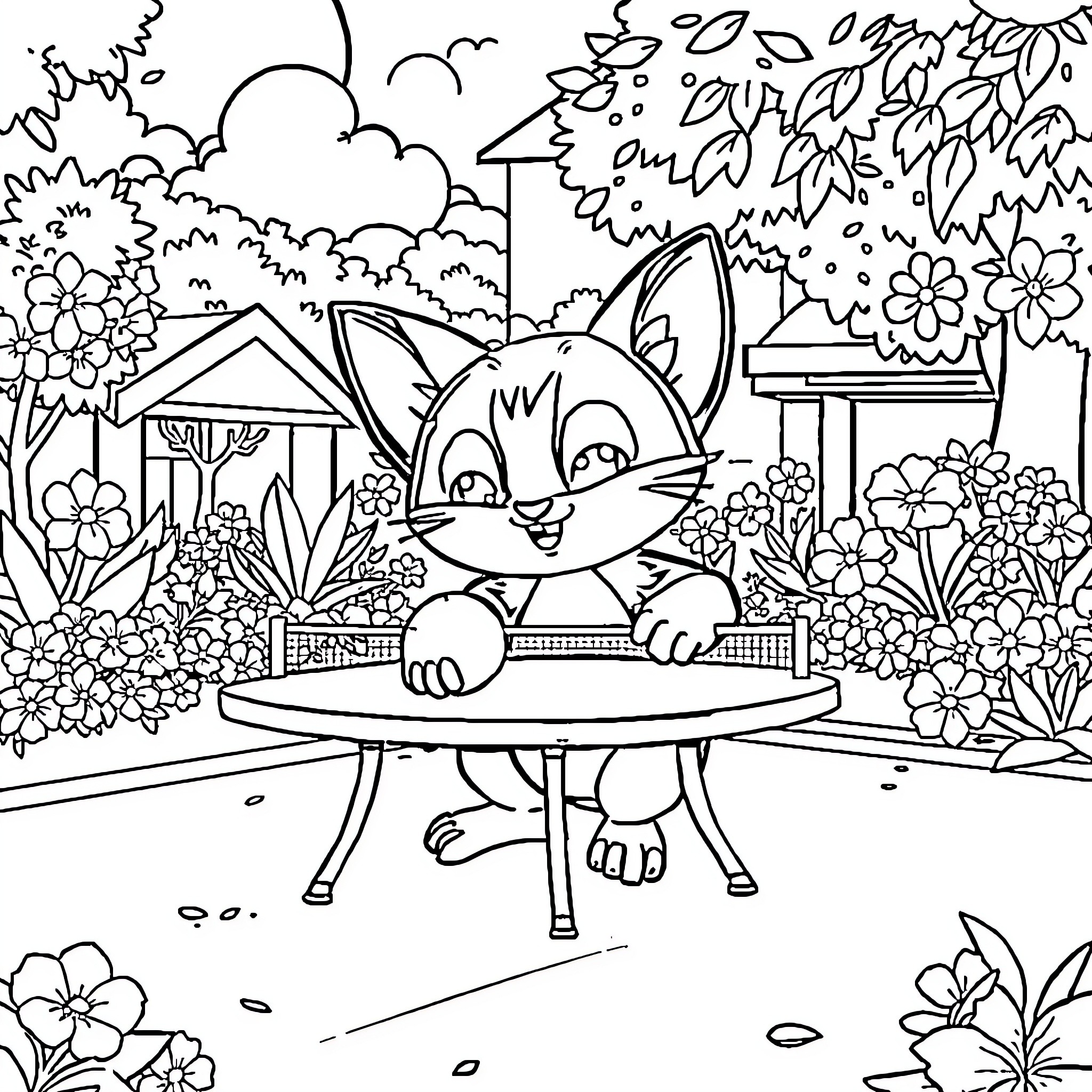 Cat Playing Happily in Colorful Garden Coloring Page (free black-and-white line drawing printable PDF for all, from beginners to advanced learners, including children, teens, adults, and seniors)
