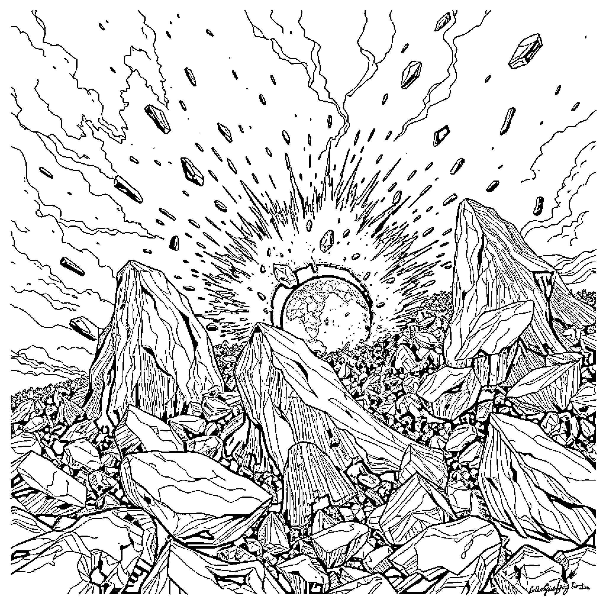 Theia: Cosmic Collision in the Primordial Landscape Coloring Page (free black-and-white line drawing printable PDF for all, from beginners to advanced learners, including children, teens, adults, and seniors)