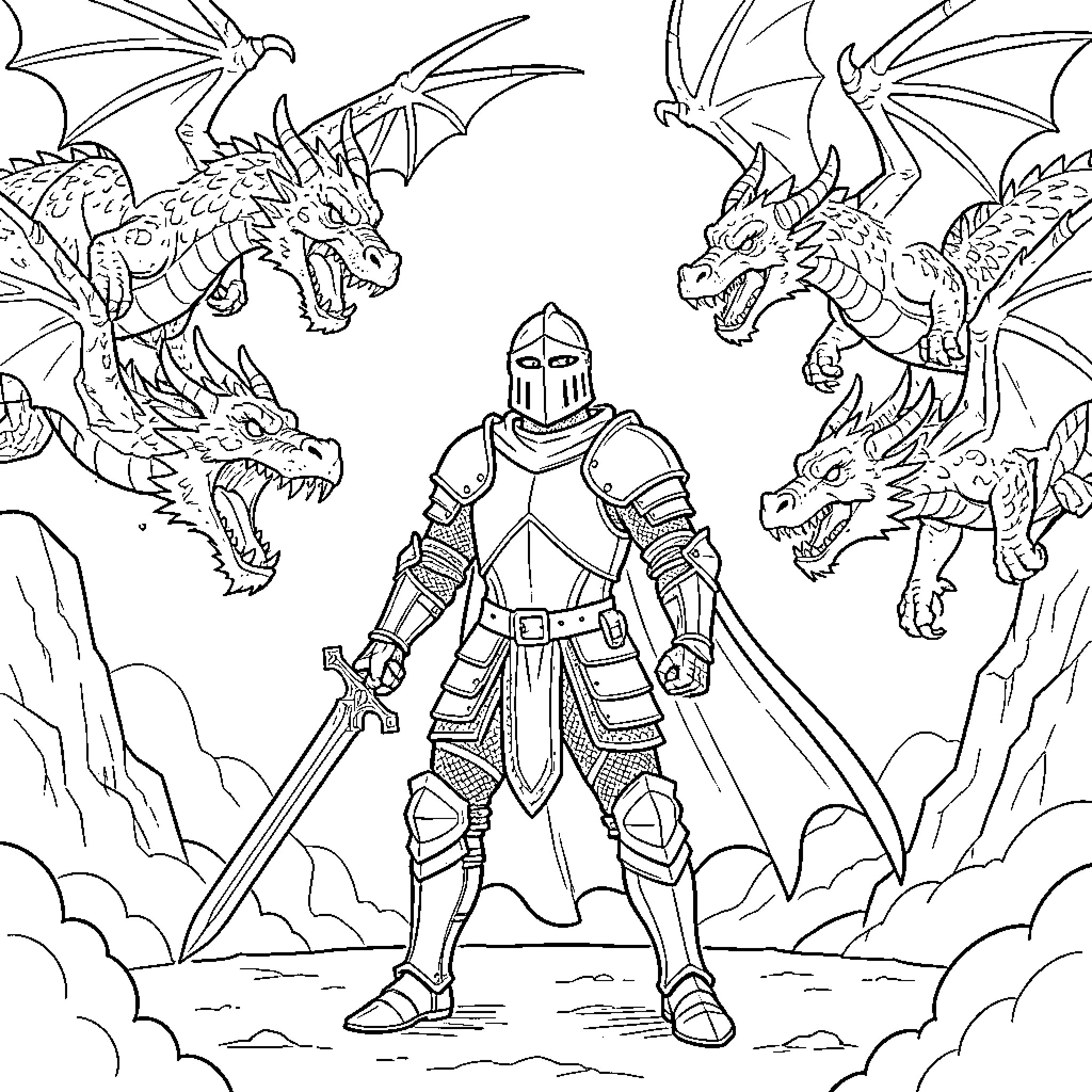 Knight standing bravely amidst several flying dragons Coloring Page (free black-and-white line drawing printable PDF for all, from beginners to advanced learners, including children, teens, adults, and seniors)
