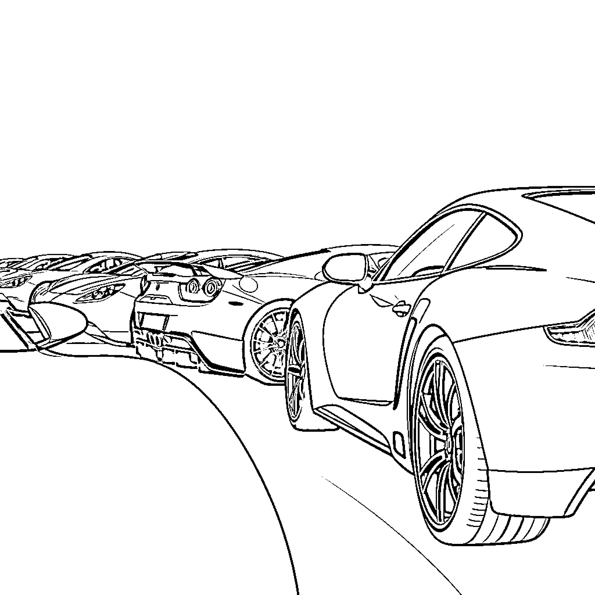 Sports Car Racing on Winding Road Coloring Page (free black-and-white line drawing printable PDF for all, from beginners to advanced learners, including children, teens, adults, and seniors)