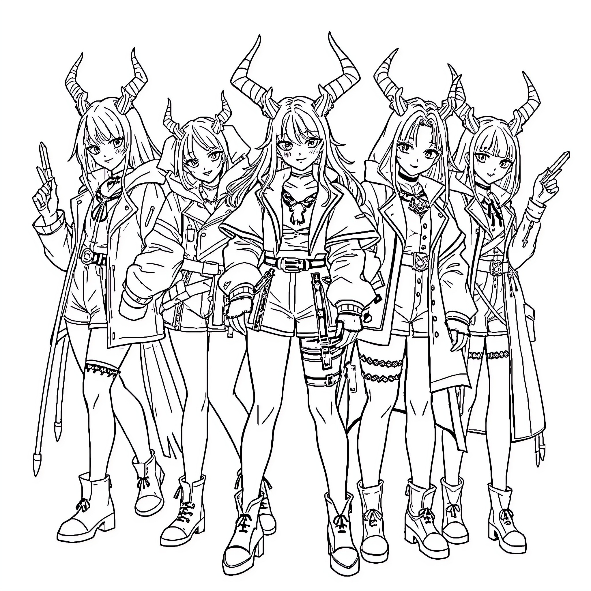 Mira and Her Demonic Companions in Anime-Inspired Outfits Coloring Page (free black-and-white line drawing printable PDF for all, from beginners to advanced learners, including children, teens, adults, and seniors)