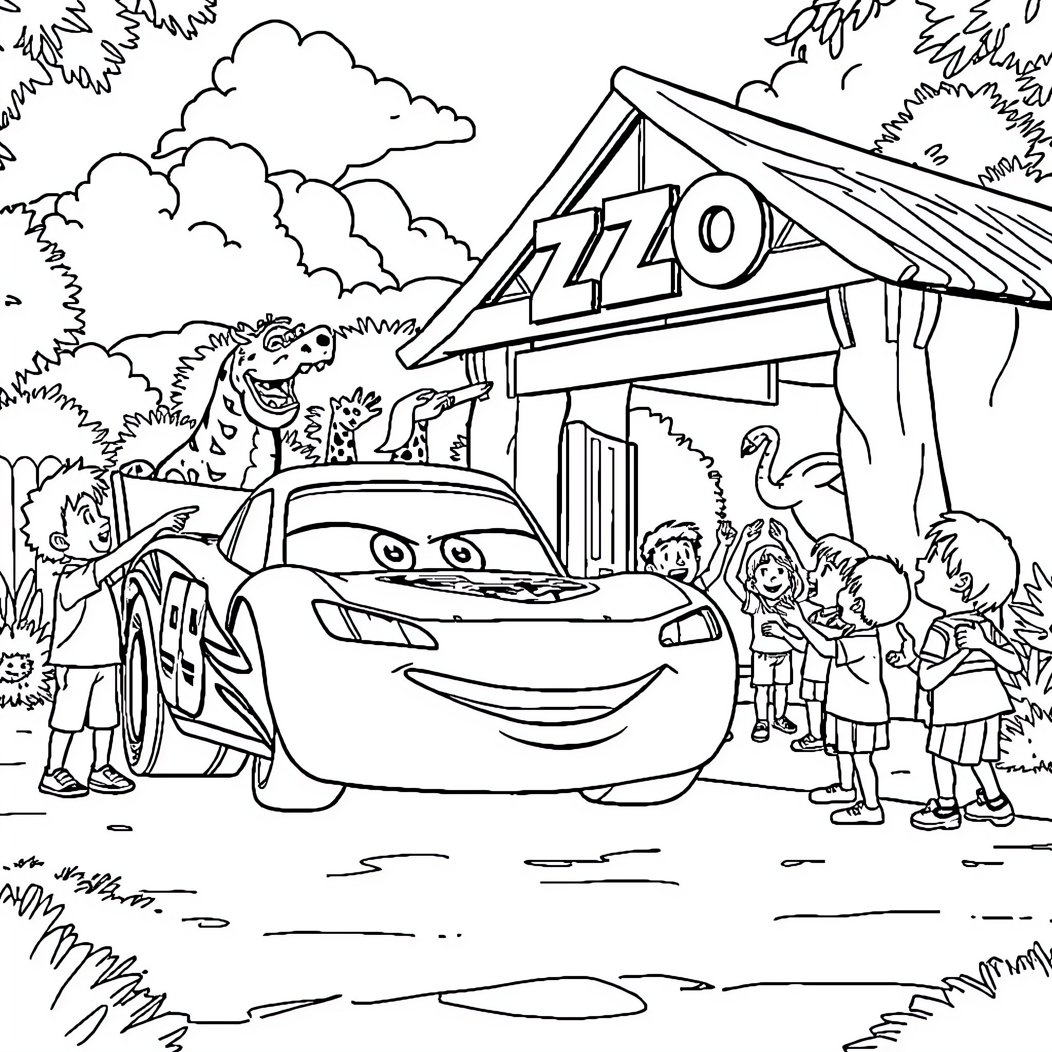 Lightning McQueen visits zoo with friends Coloring Page (free black-and-white line drawing printable PDF for all, from beginners to advanced learners, including children, teens, adults, and seniors)