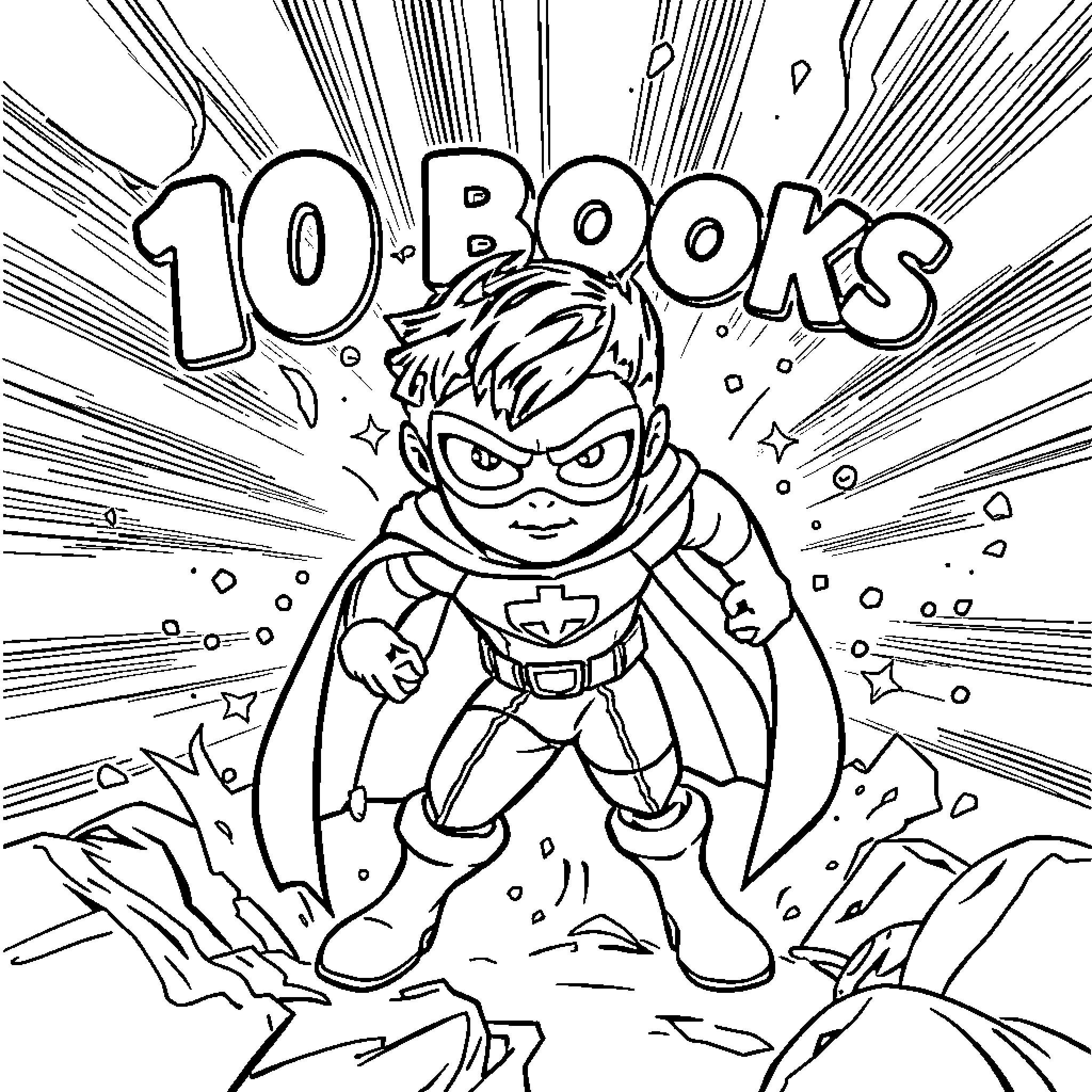 Superhero Conquers the 10 Books Challenge Coloring Page (free black-and-white line drawing printable PDF for all, from beginners to advanced learners, including children, teens, adults, and seniors)