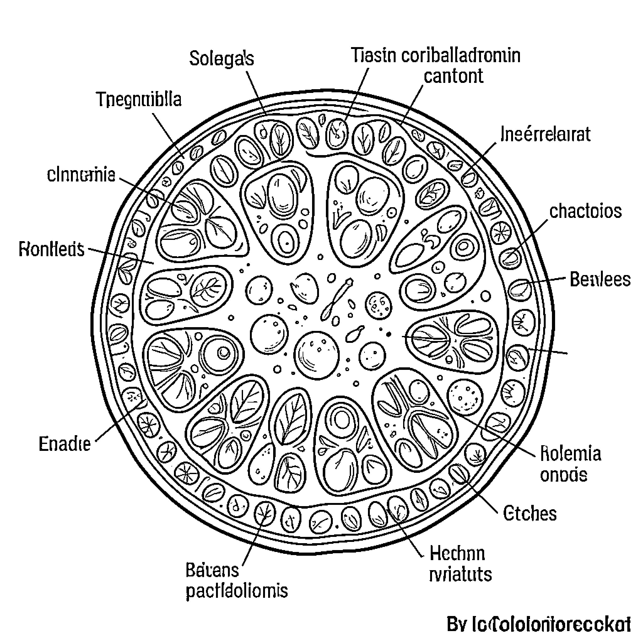 Cell structure with labeled components Coloring Page (free black-and-white line drawing printable PDF for all, from beginners to advanced learners, including children, teens, adults, and seniors)