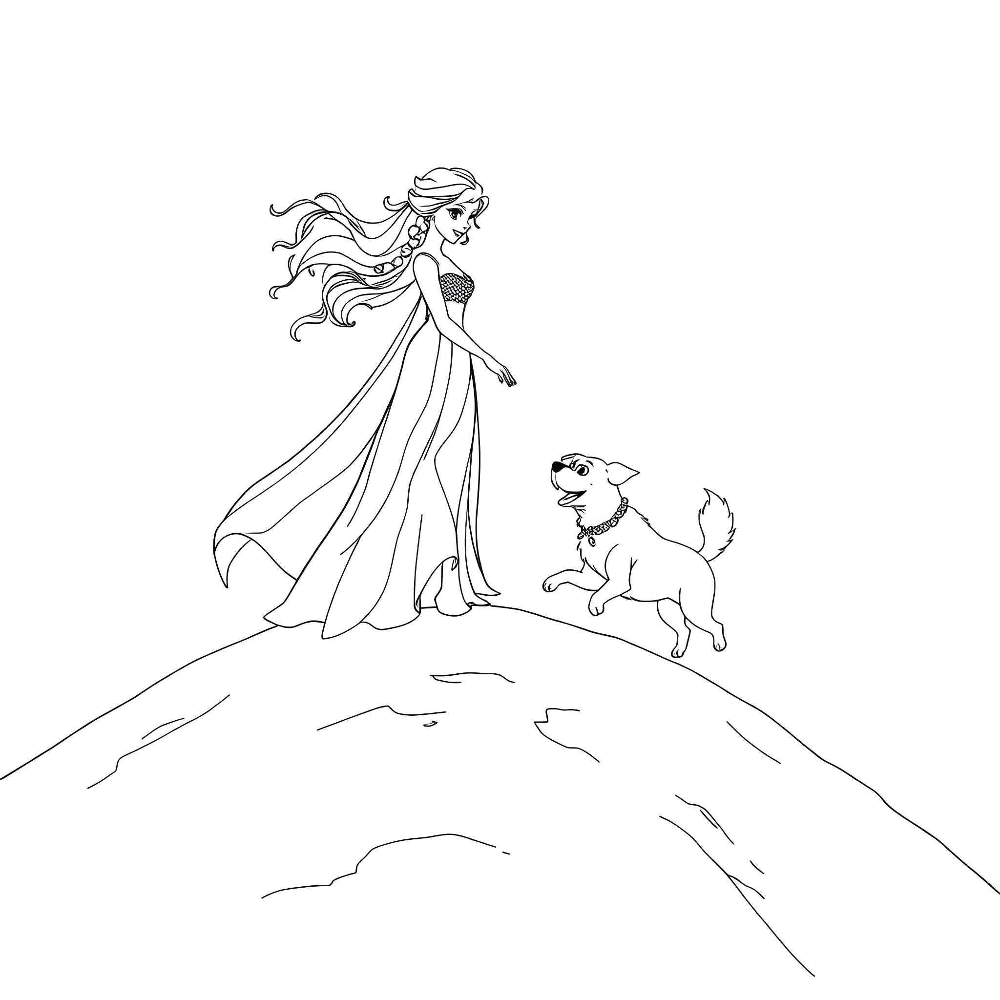 Princess walking gracefully with her loyal companion Coloring Page (free black-and-white line drawing printable PDF for all, from beginners to advanced learners, including children, teens, adults, and seniors)