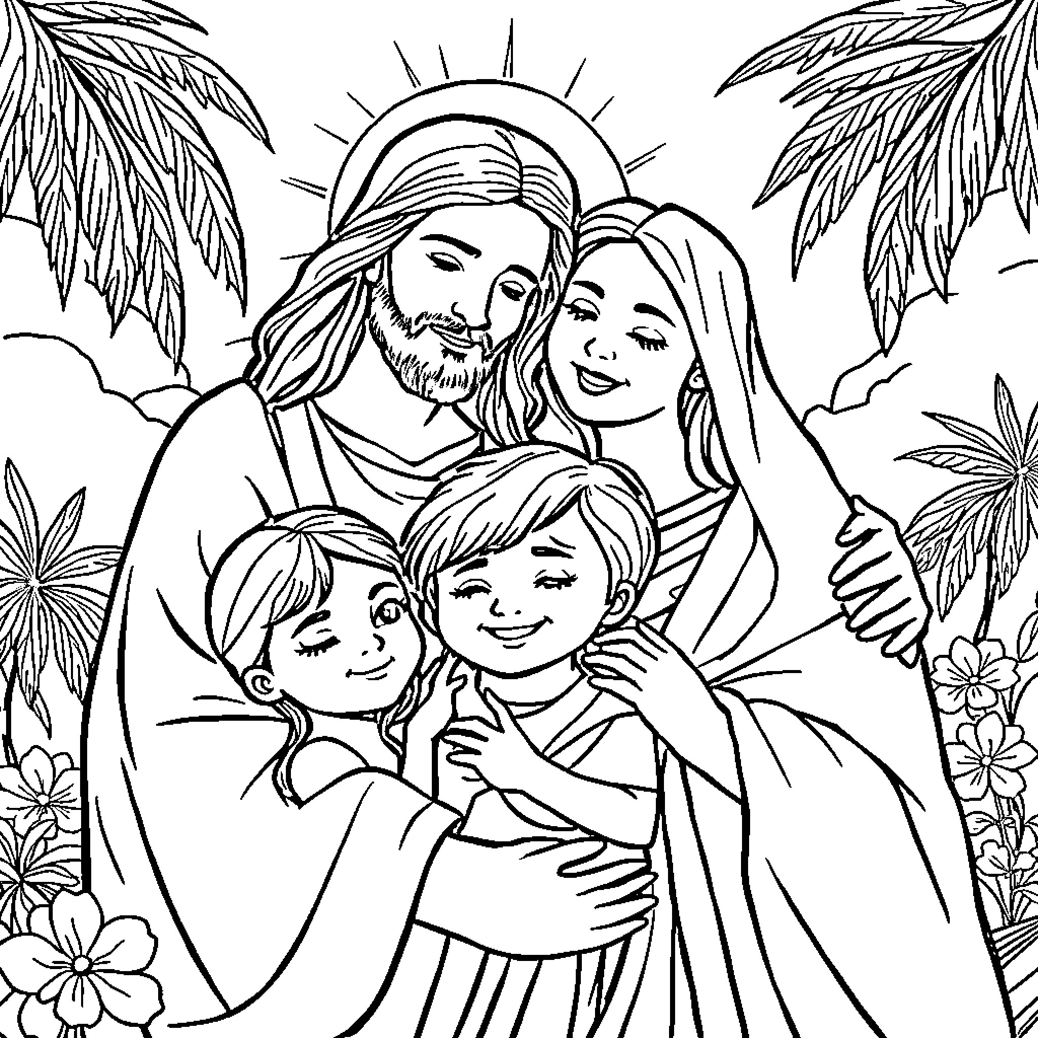 Jesucristo with family in tropical scene Coloring Page (free black-and-white line drawing printable PDF for all, from beginners to advanced learners, including children, teens, adults, and seniors)