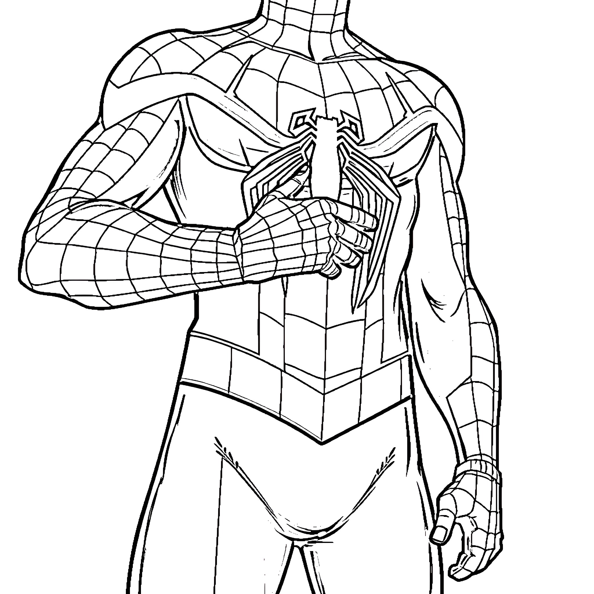 Spiderman in action pose with web designs Coloring Page (free black-and-white line drawing printable PDF for all, from beginners to advanced learners, including children, teens, adults, and seniors)