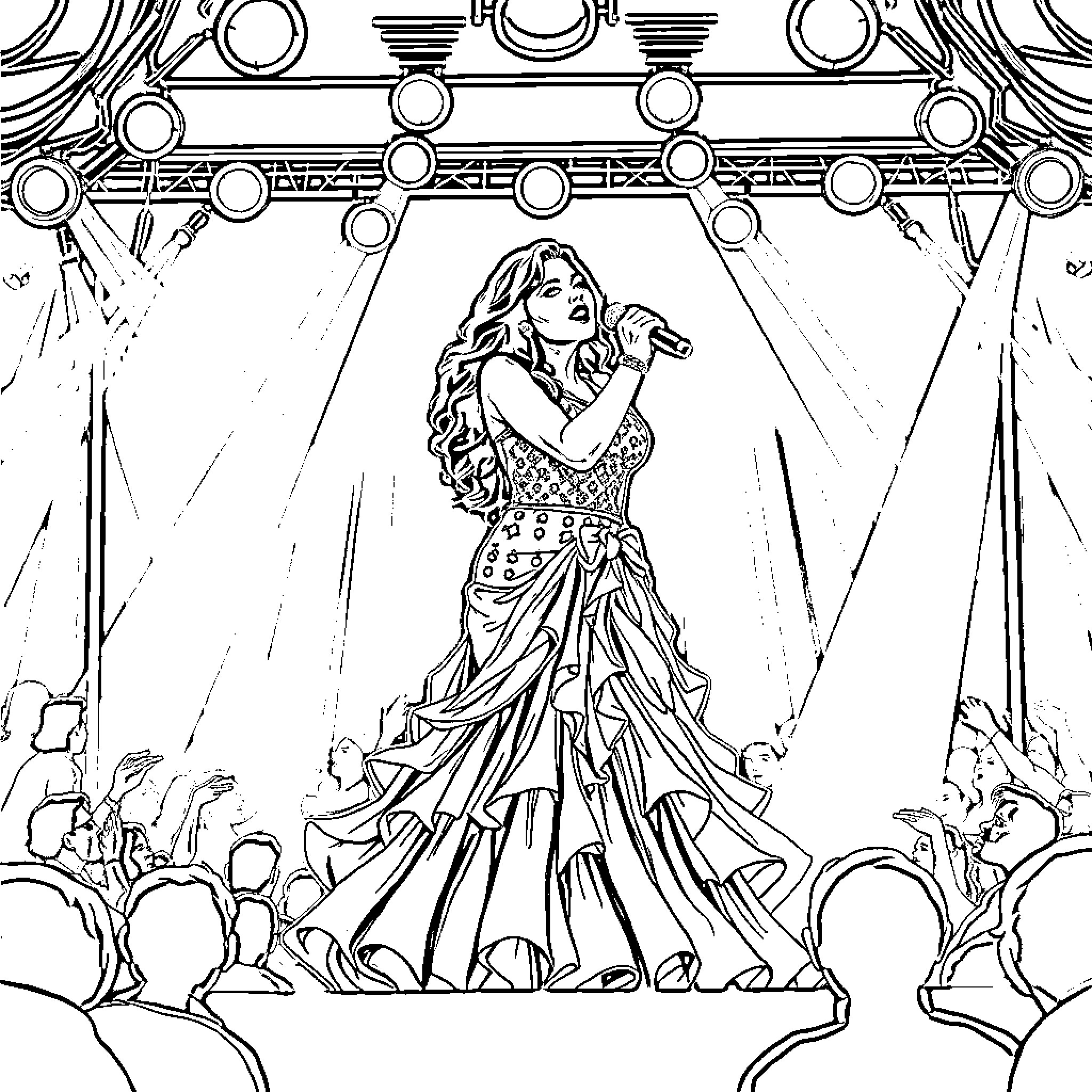 Selena performing on stage Coloring Page (free black-and-white line drawing printable PDF for all, from beginners to advanced learners, including children, teens, adults, and seniors)