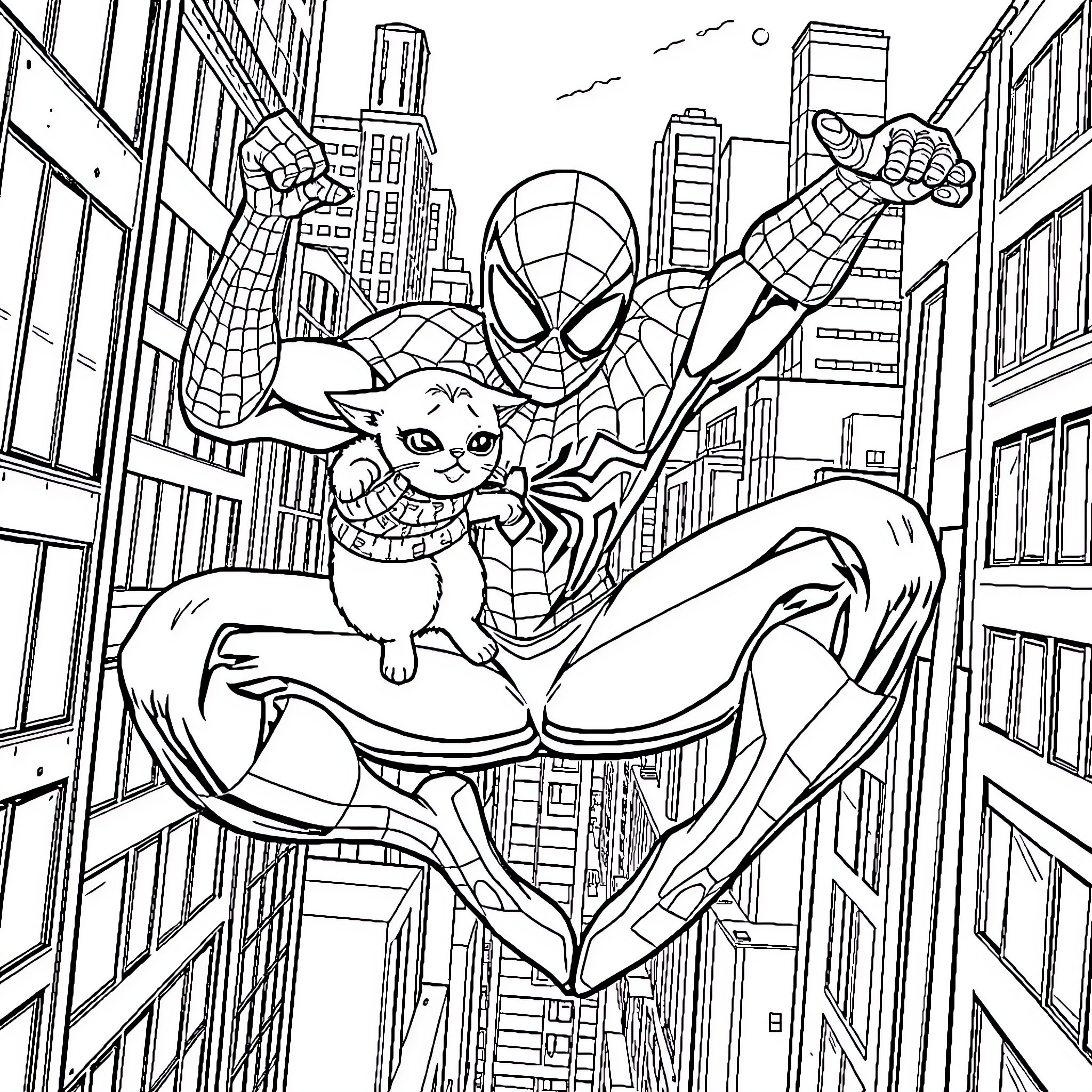 Spider-Man Swinging with Adorable Kitten in City Coloring Page (free black-and-white line drawing printable PDF for all, from beginners to advanced learners, including children, teens, adults, and seniors)