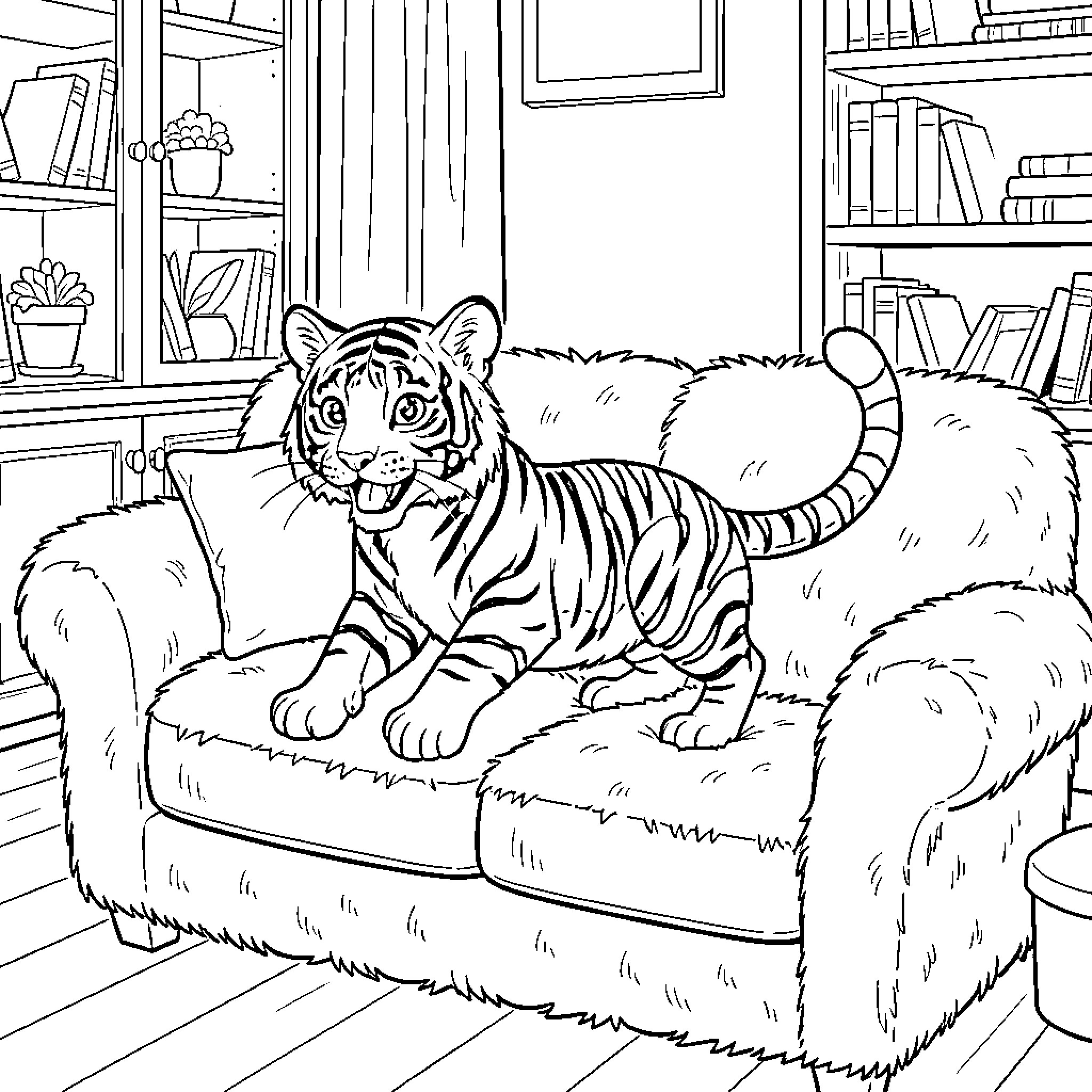 Bengal Tiger Relaxing on Couch in Cozy Library Coloring Page (free black-and-white line drawing printable PDF for all, from beginners to advanced learners, including children, teens, adults, and seniors)