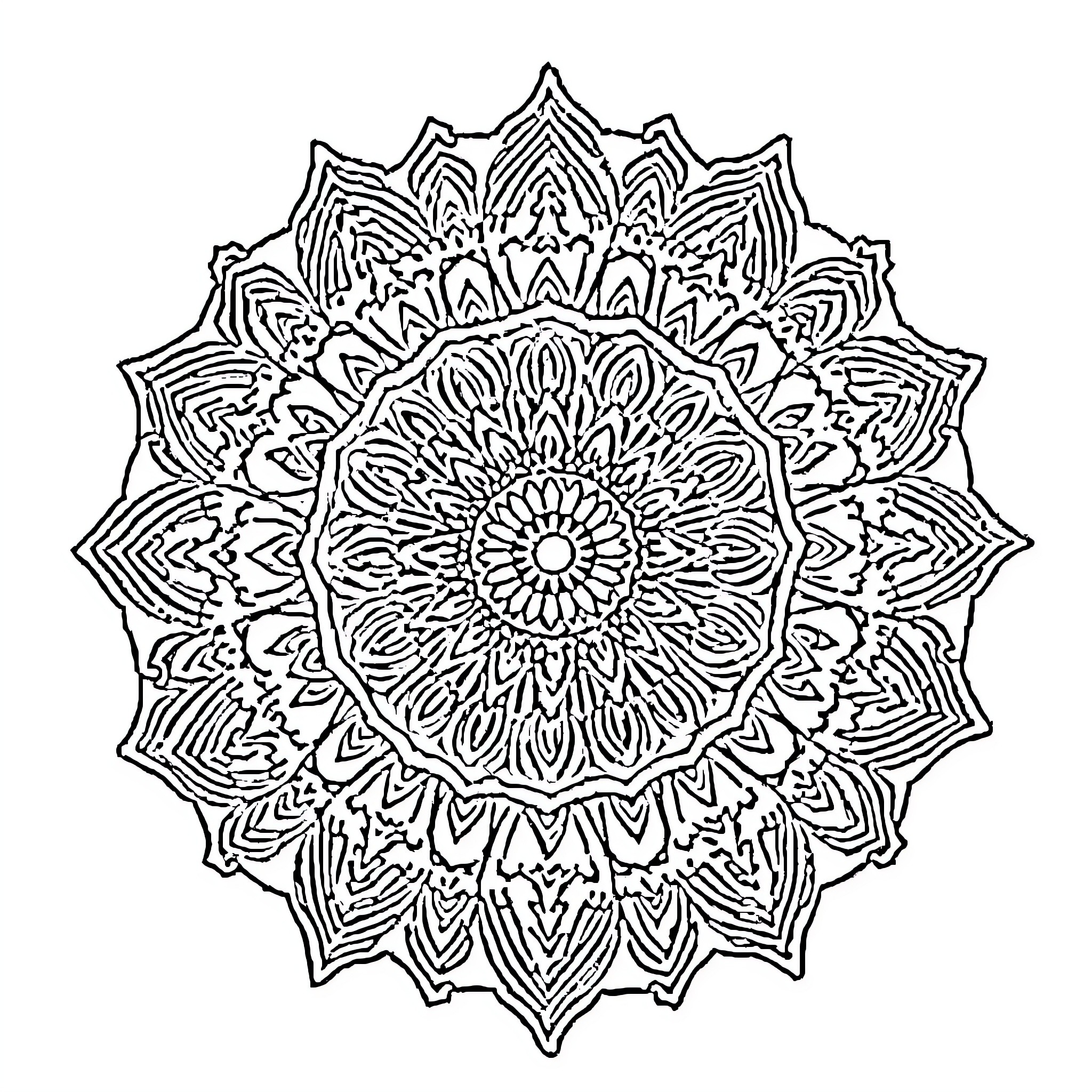 Mandalas with intricate geometric patterns Coloring Page (free black-and-white line drawing printable PDF for all, from beginners to advanced learners, including children, teens, adults, and seniors)